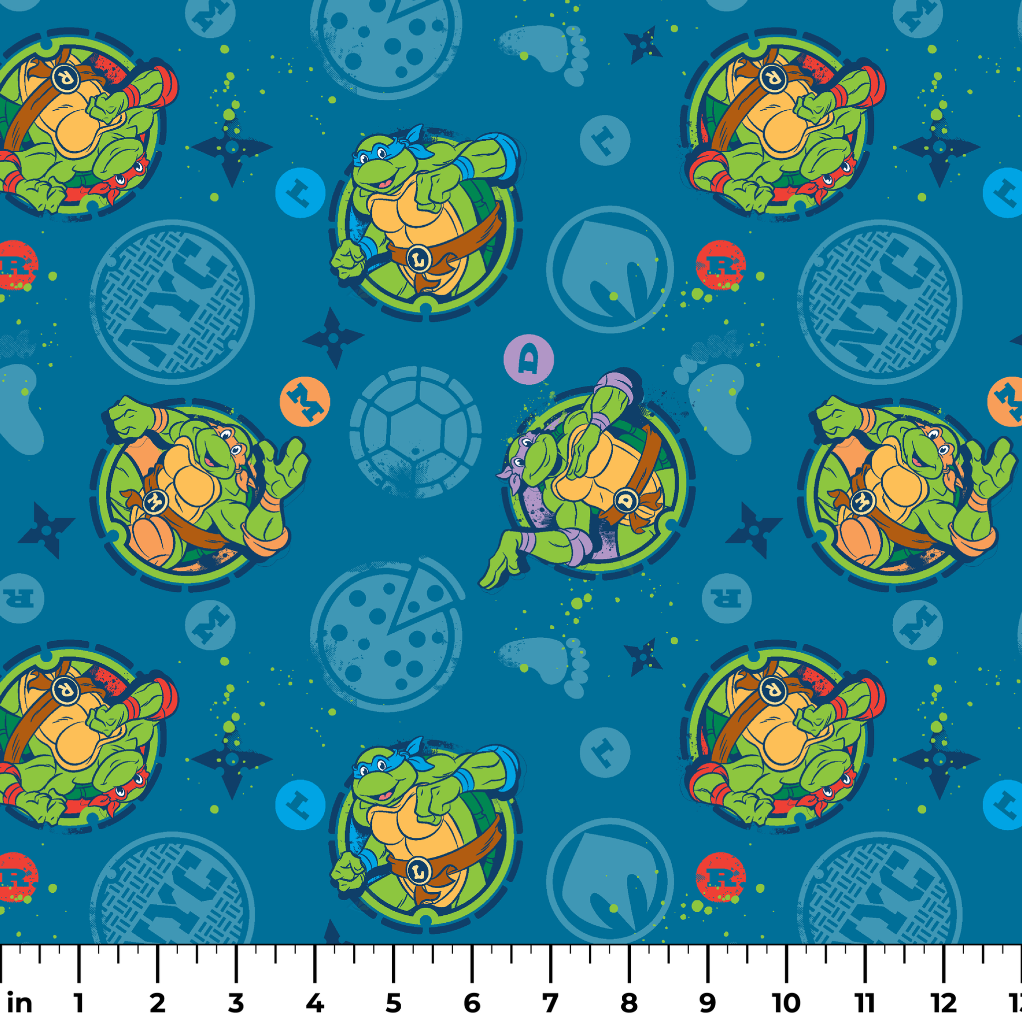 Teenage Mutant Ninja Turtles in circular medallions on teal background with subtle geometric patterns ruler