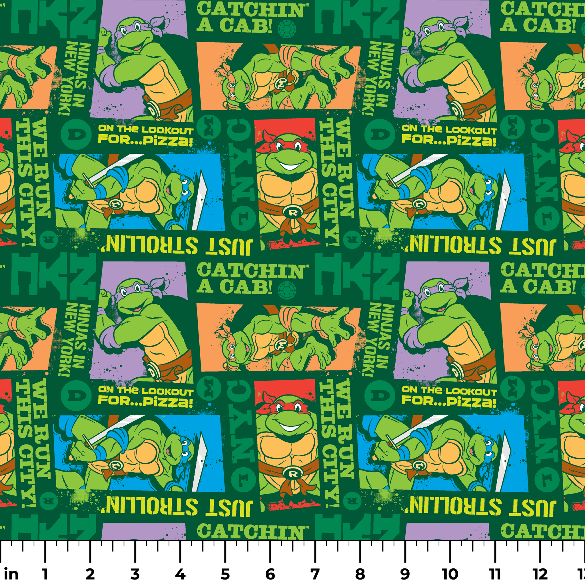 Teenage Mutant Ninja Turtles comic-style panels with phrases like "Catchin' a cab!" and "On the lookout for pizza!" on green background ruler