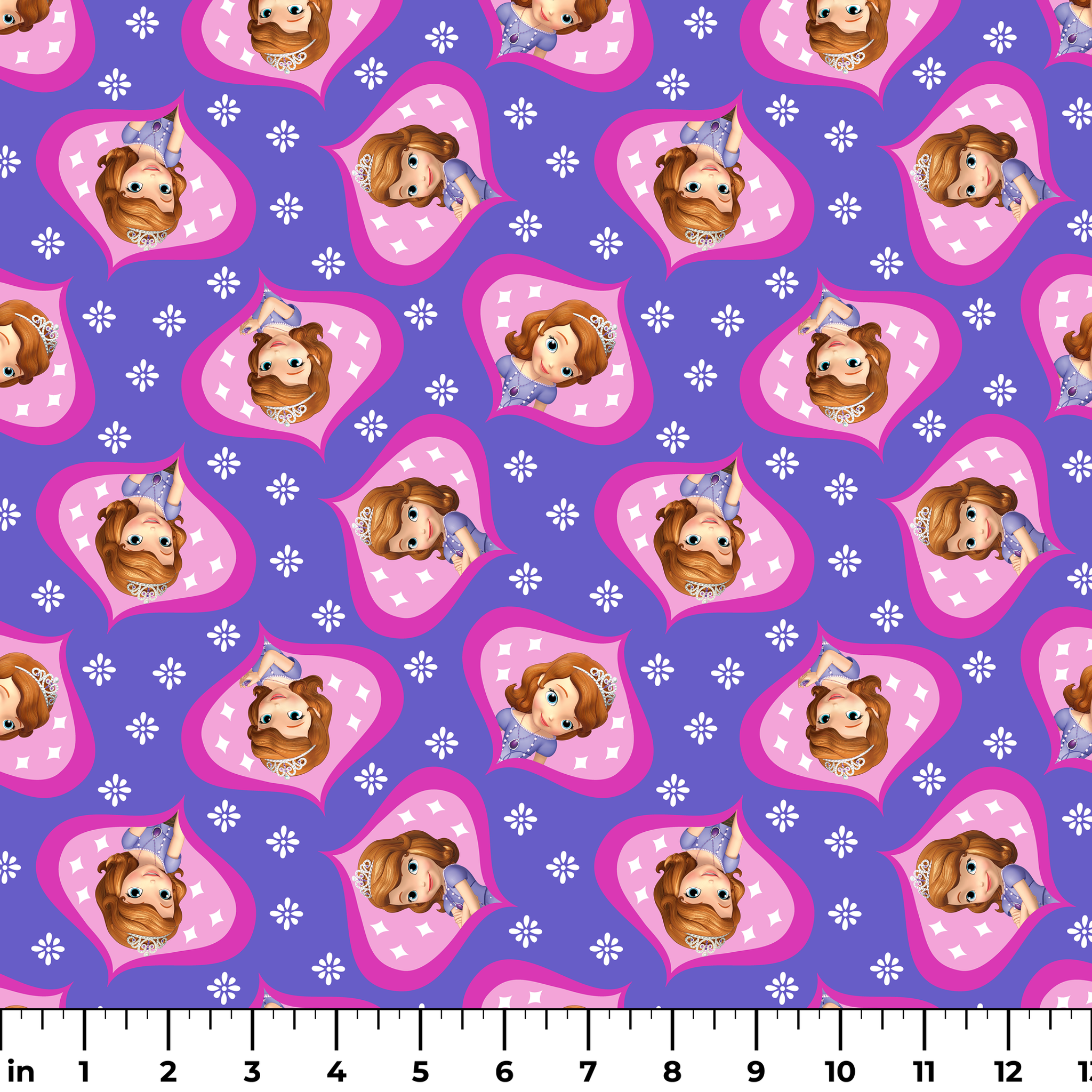 Sofia the First in pink frames pattern with white accents on purple background ruler
