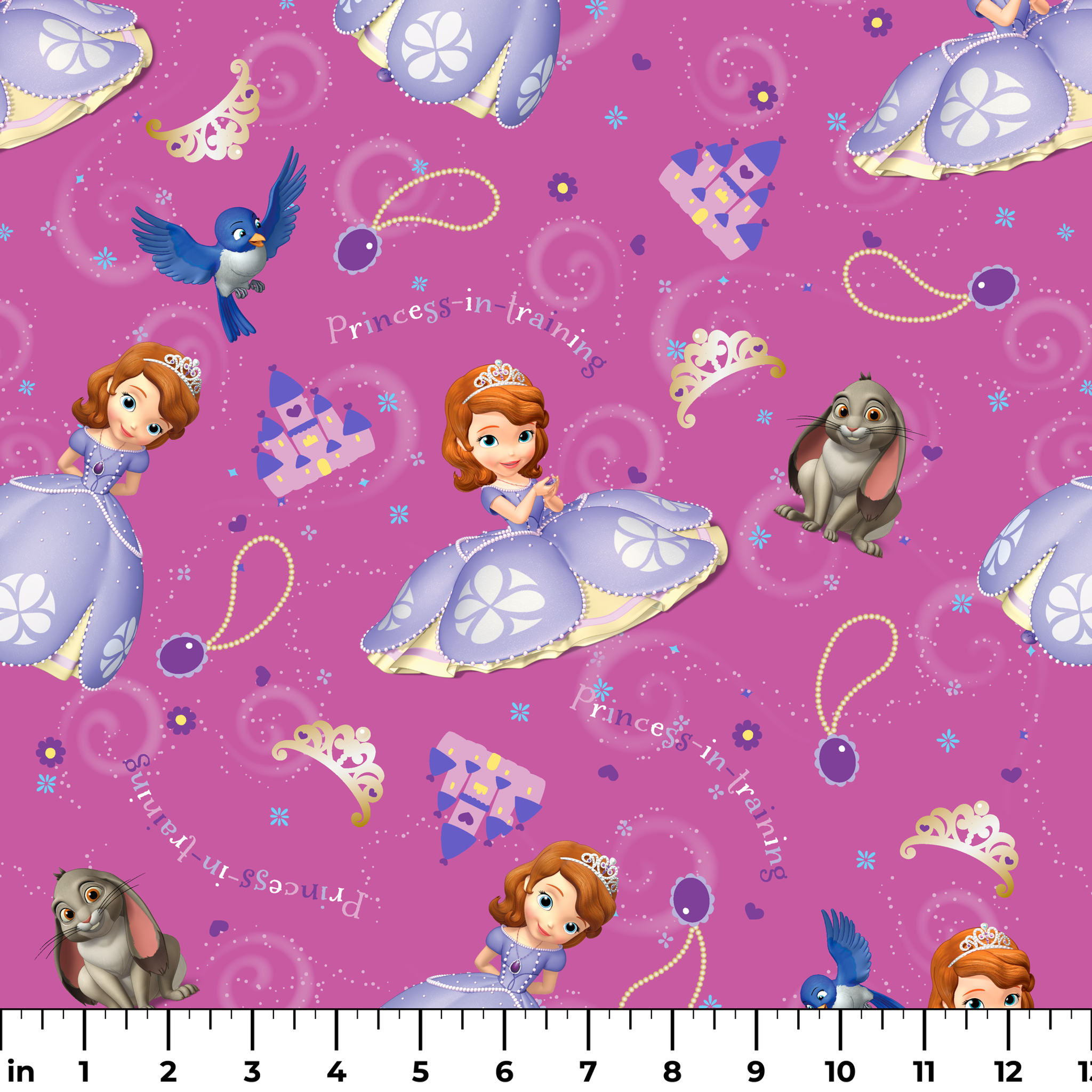Princess Sofia pattern with purple background, crowns, castles, rabbits, and blue birds scattered among swirling designs ruler