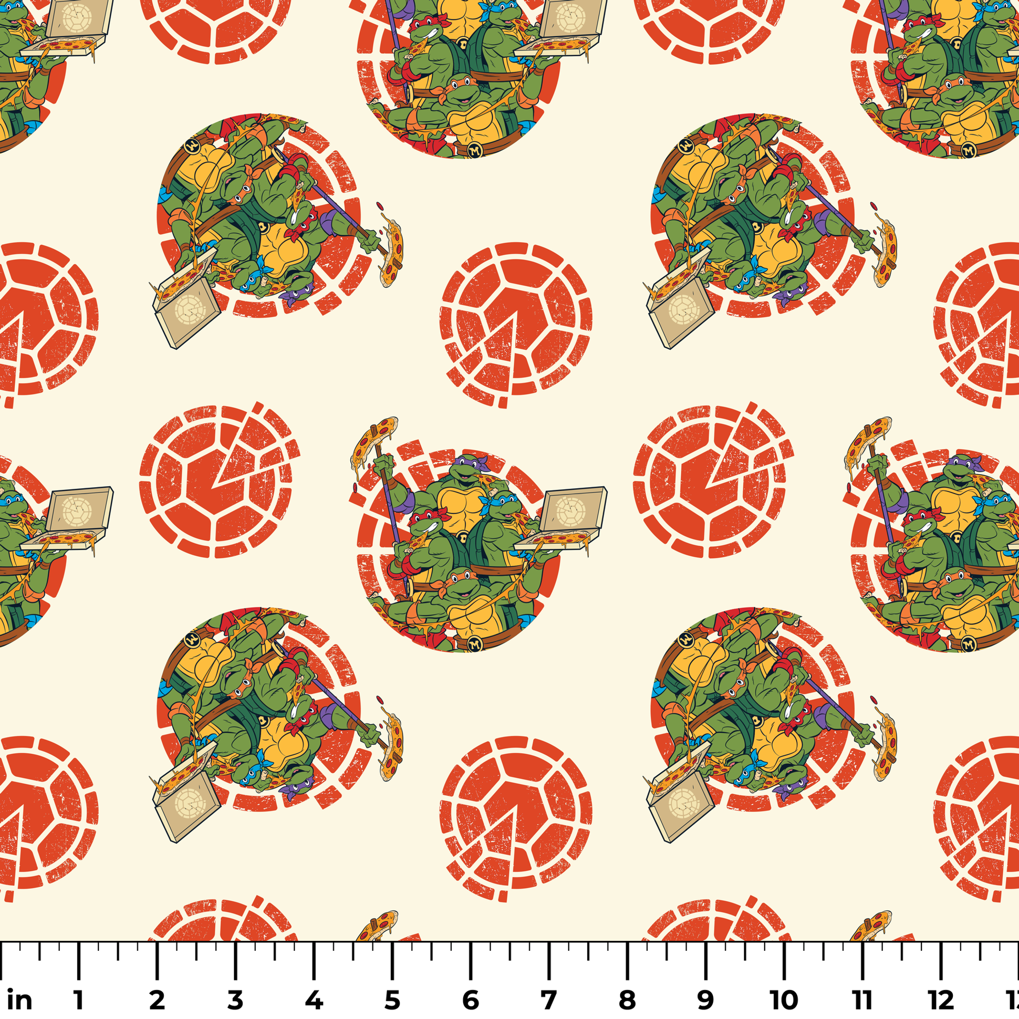 TMNT characters in circular formations on cream background with red shell pattern ruler