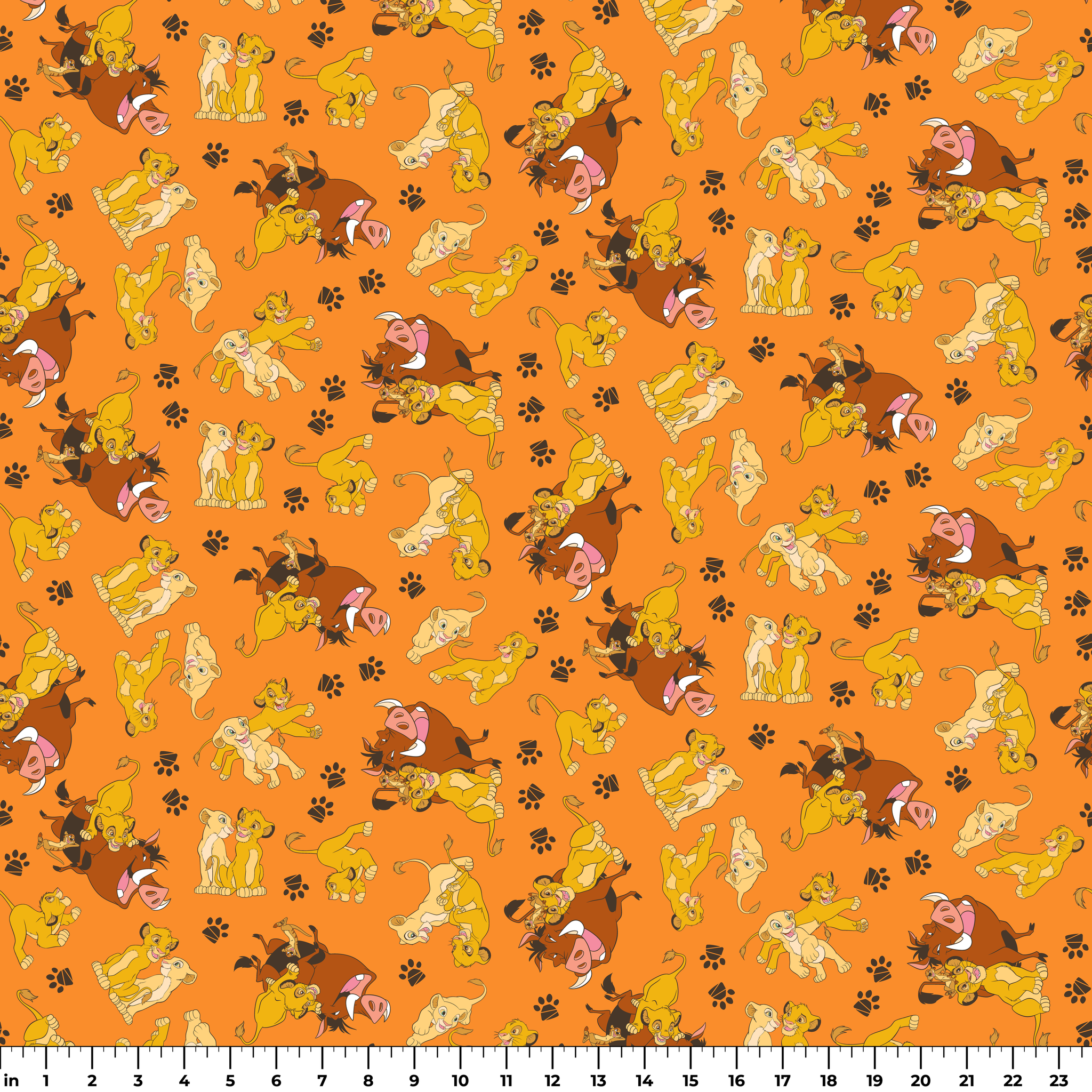 Playful pattern of cartoon cubs in yellow and brown poses on bright orange background with pawprints ruler
