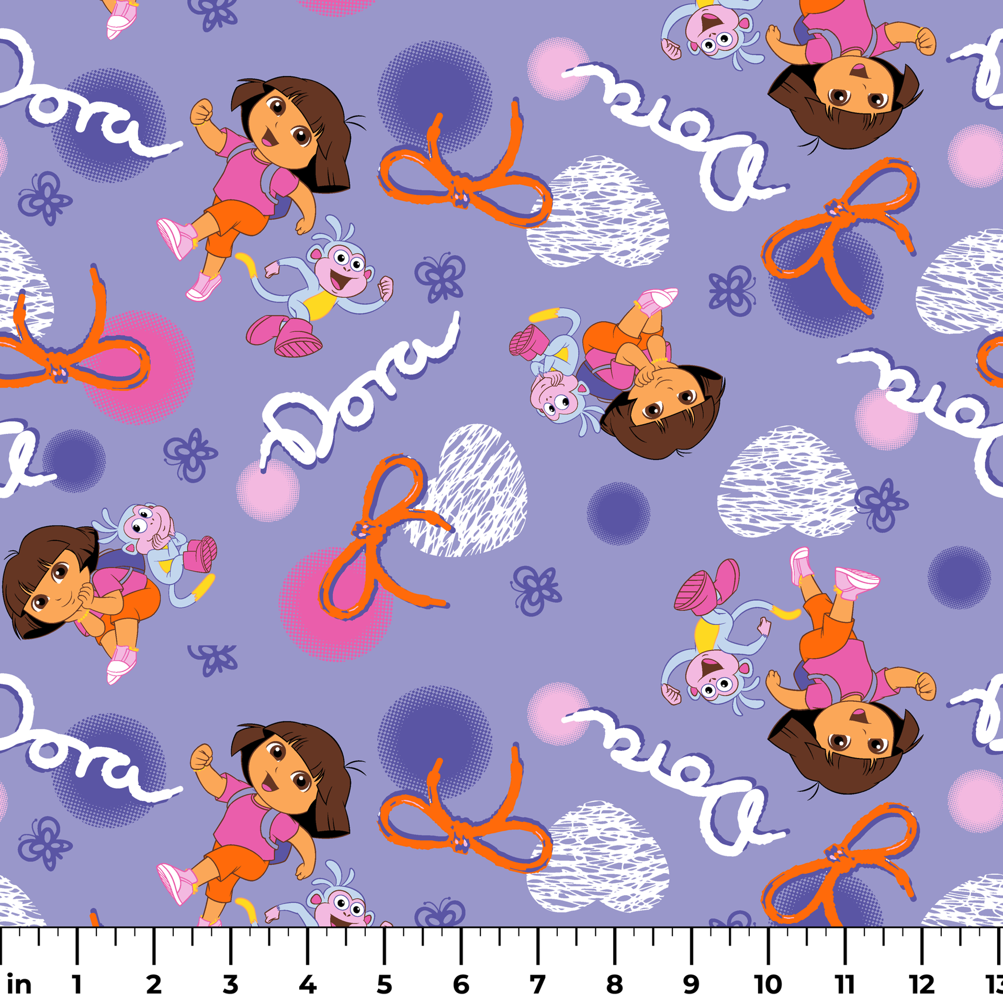 Cartoon pattern featuring Dora the Explorer, Boots the monkey, and other characters on purple background with bows and clouds. ruler