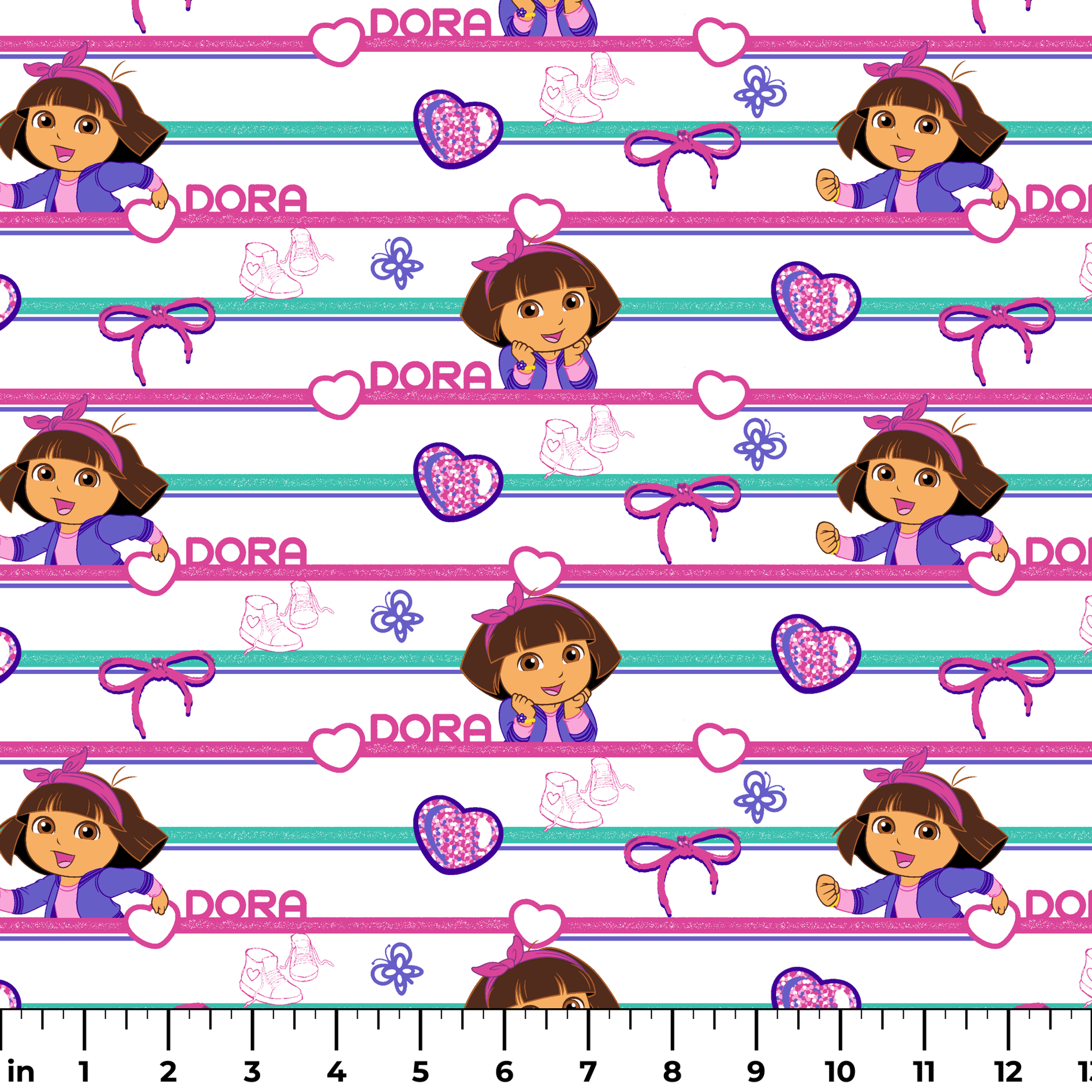 Colorful Dora the Explorer pattern with horizontal stripes featuring purple hearts, bows, butterflies, and "DORA" text on pink and green backgrounds ruler