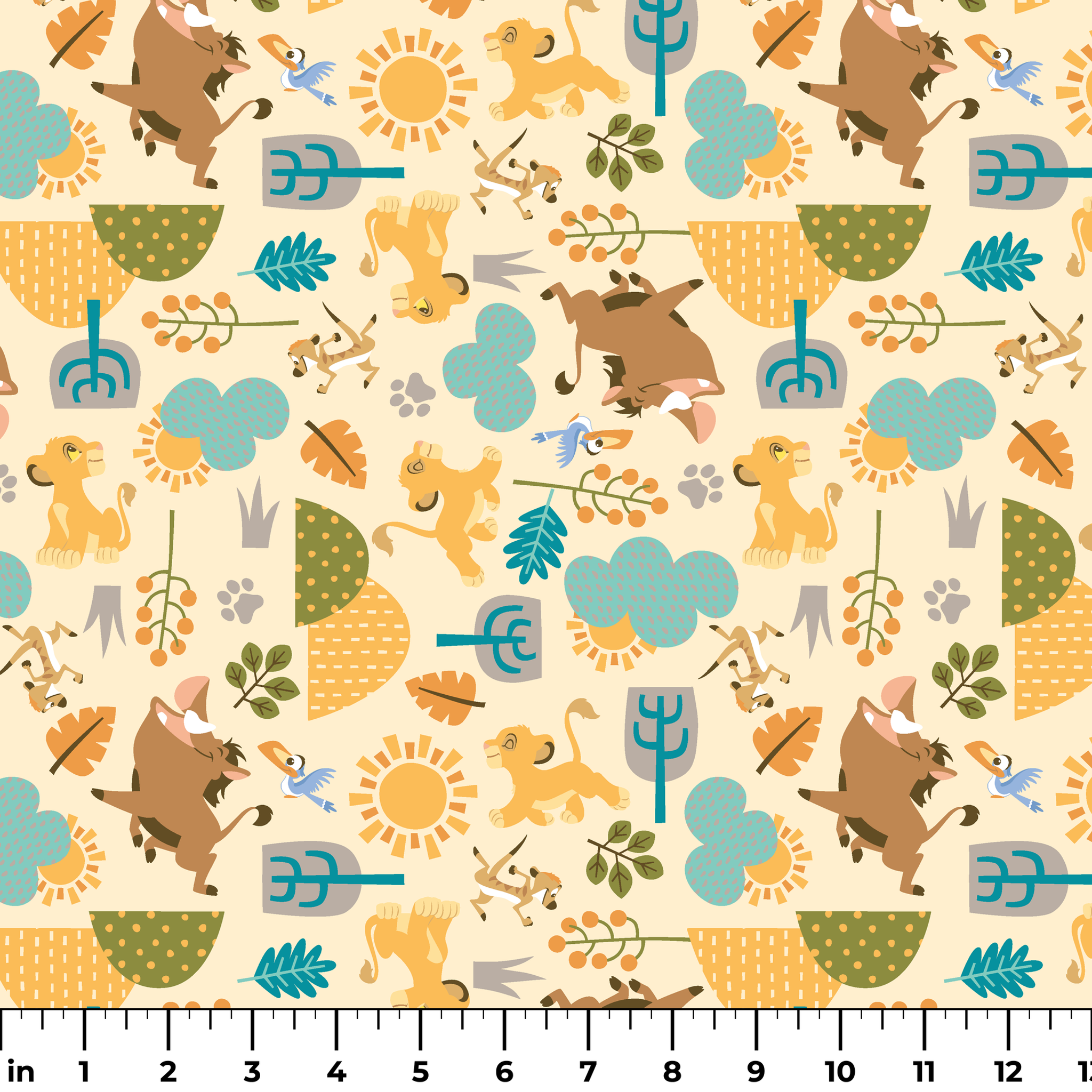 Playful Lion King pattern with brown bears, yellow puppies, blue clouds, stylized trees, and sun motifs on cream background ruler