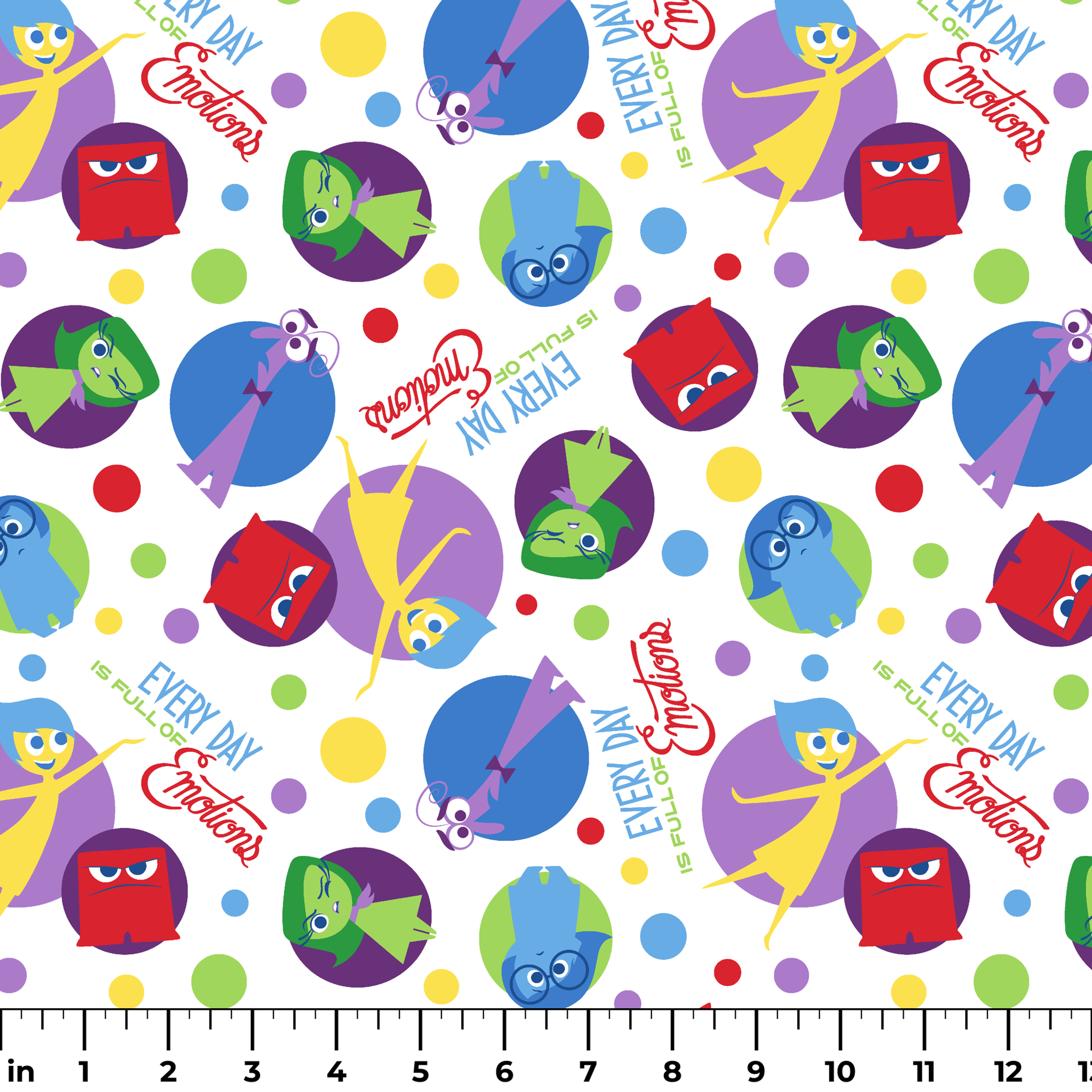 Colorful Inside Out characters in circles - Joy, Sadness, Fear, Disgust, and Anger on polka dot background ruler