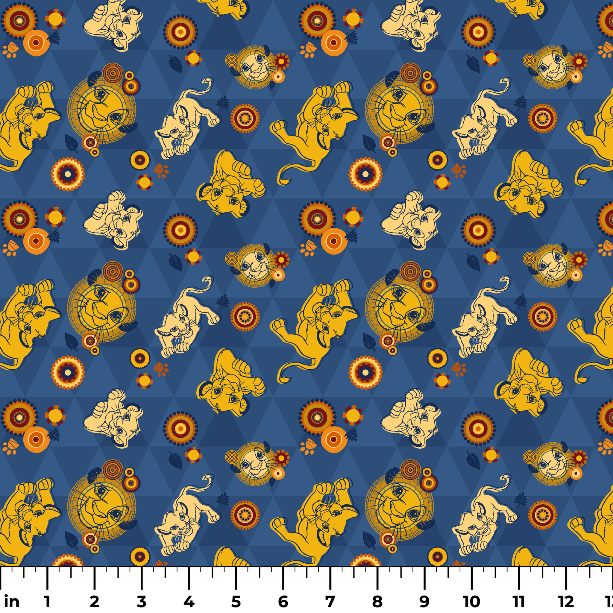 Geometric pattern with yellow lion figures and circular designs on blue triangular background ruler