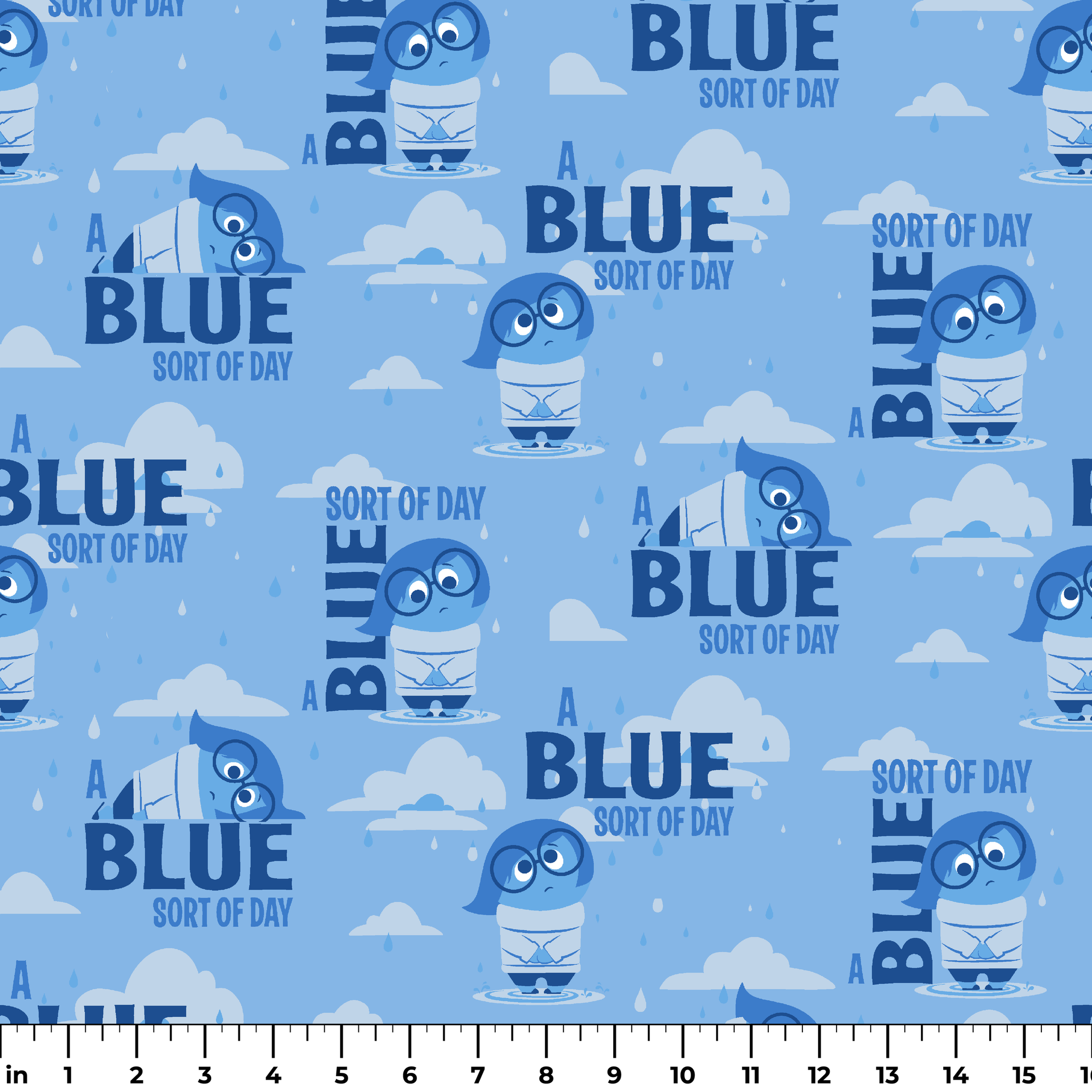 Sadness from Disney and Pixar's Inside Out pattern with "BLUE SORT OF DAY" text on light blue background with clouds ruler