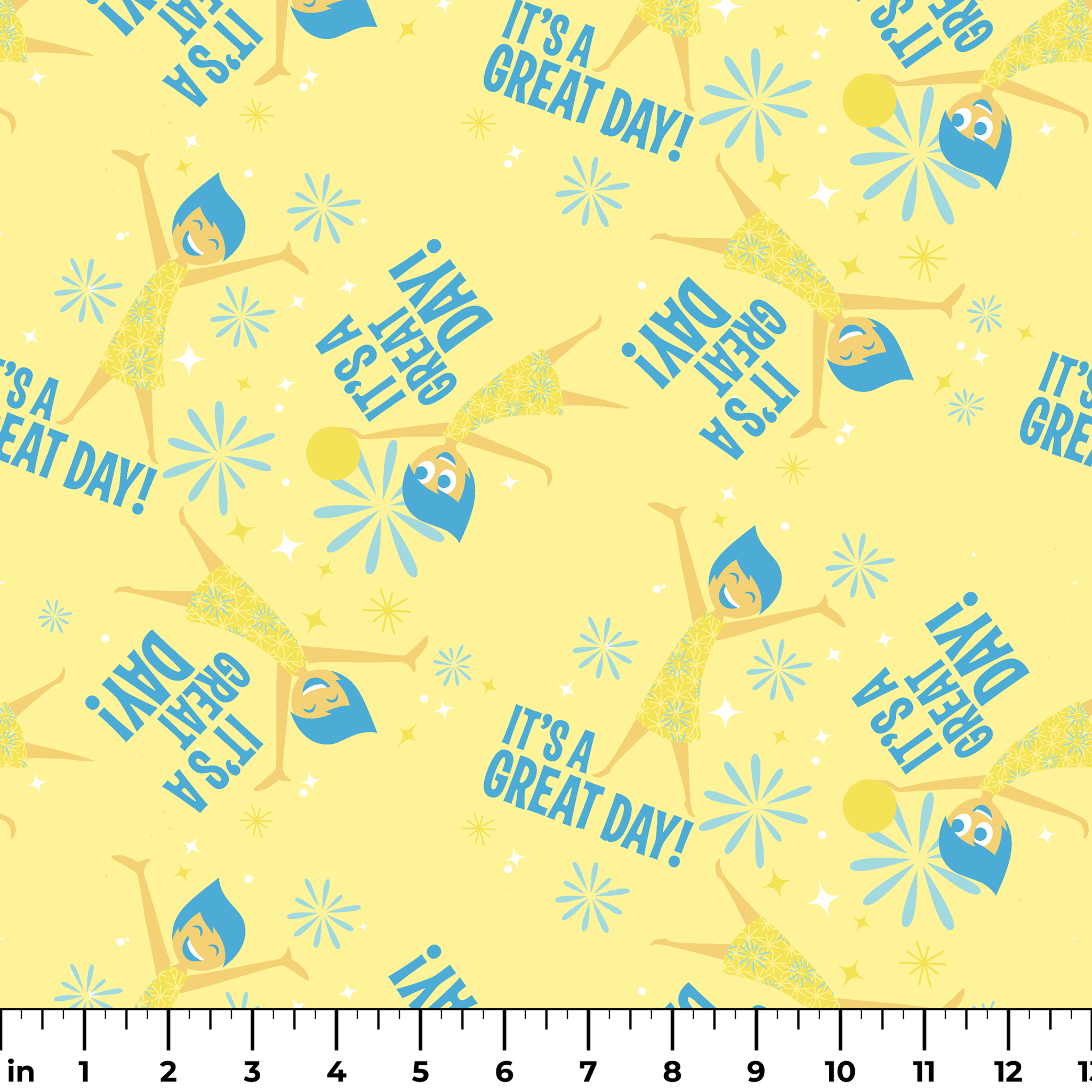 Cheerful Inside Out pattern with blue "IT'S A GREAT DAY!" text and decorative white accents ruler