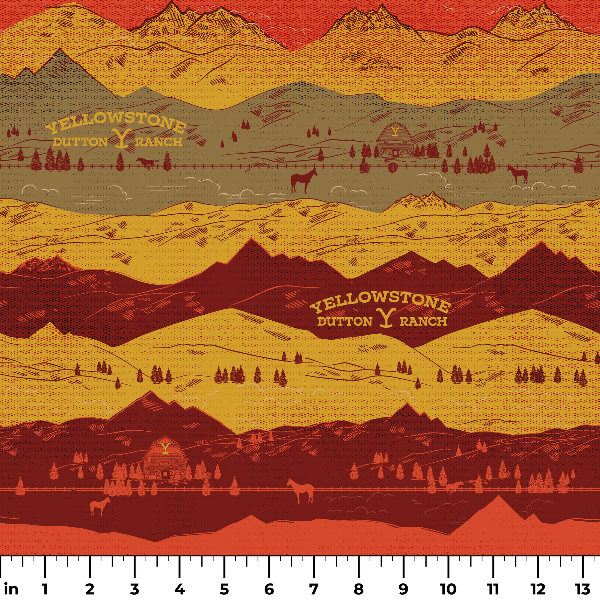 Layered mountain landscape in red, gold, and brown with "Yellowstone Cotton Ranch" text and silhouetted trees and wildlife. ruler