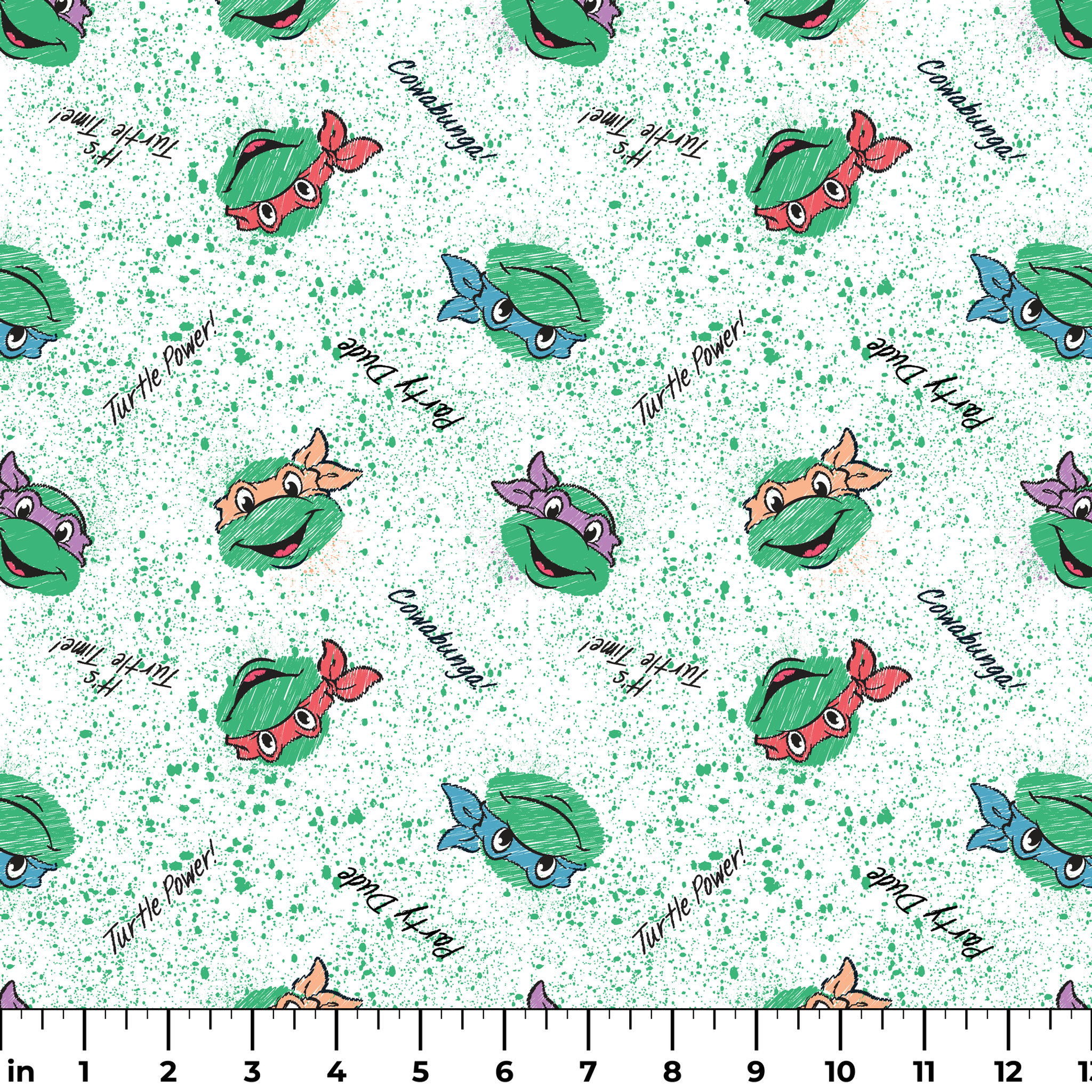 Pattern of Teenage Mutant Ninja Turtles with colorful masks on speckled green background with phrases like "Turtle Power! ruler