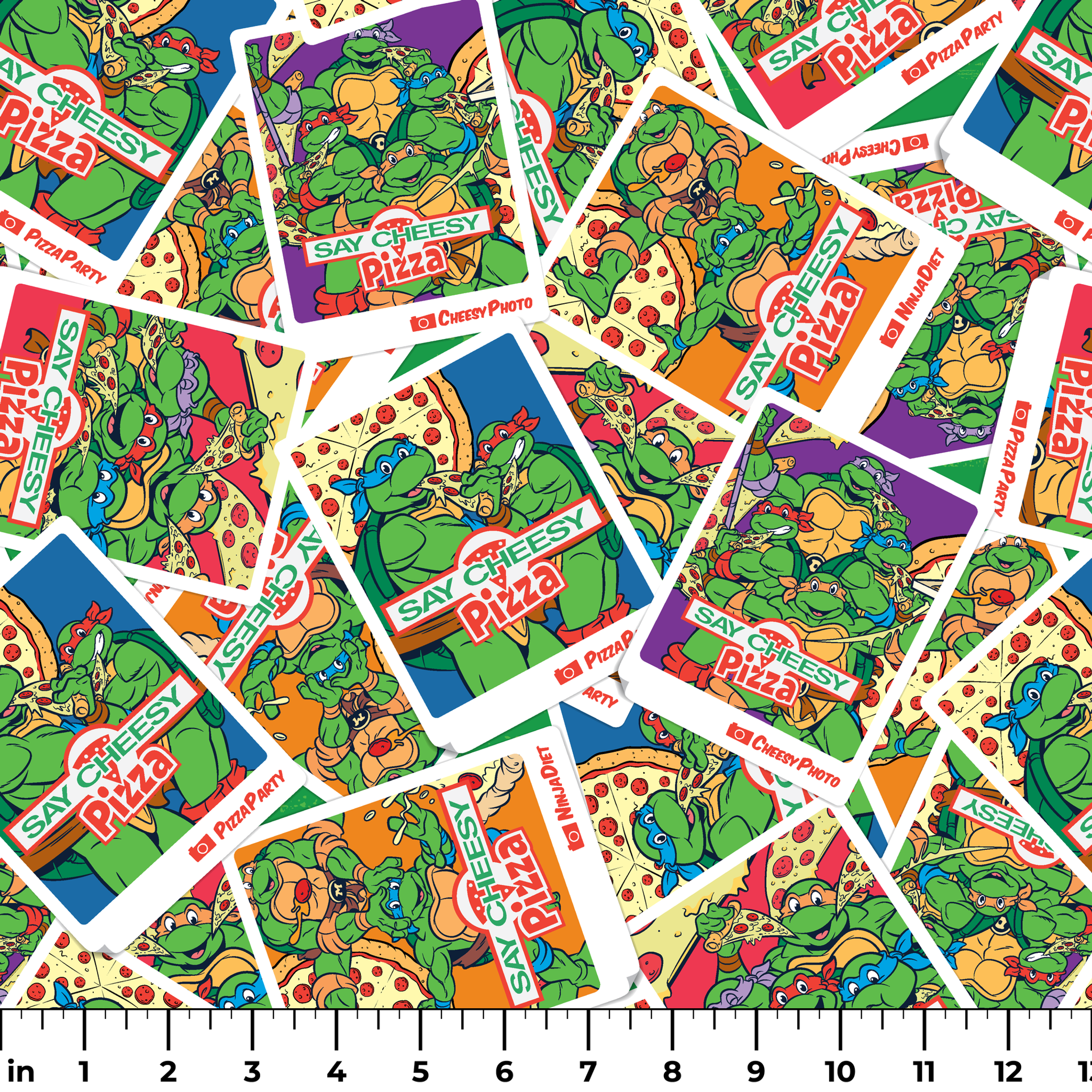 Scattered vintage Teenage Mutant Ninja Turtles trading cards with colorful comic-style artwork ruler