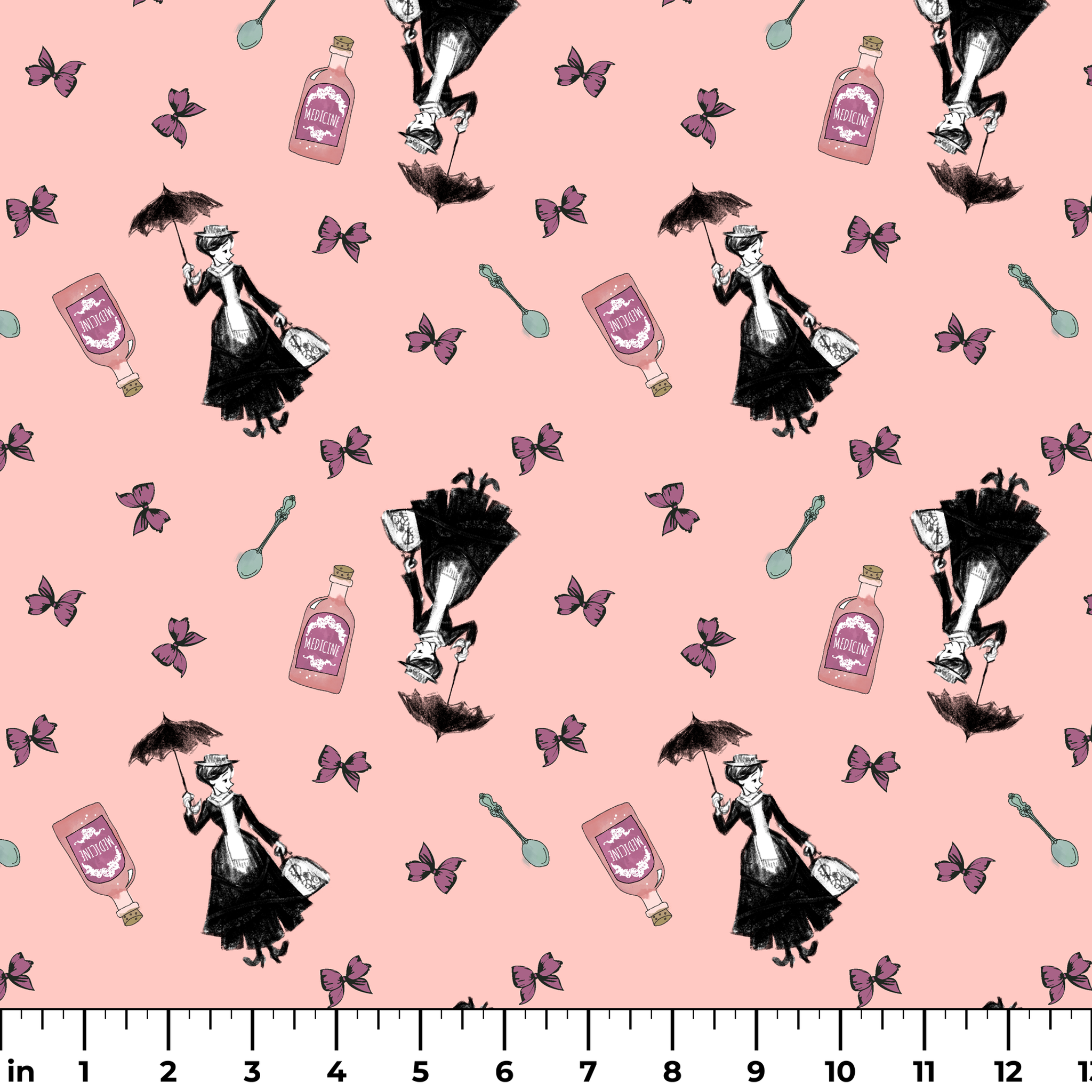 Whimsical illustration on pink background featuring Mary Poppins, purple bottles, and floating bows ruler