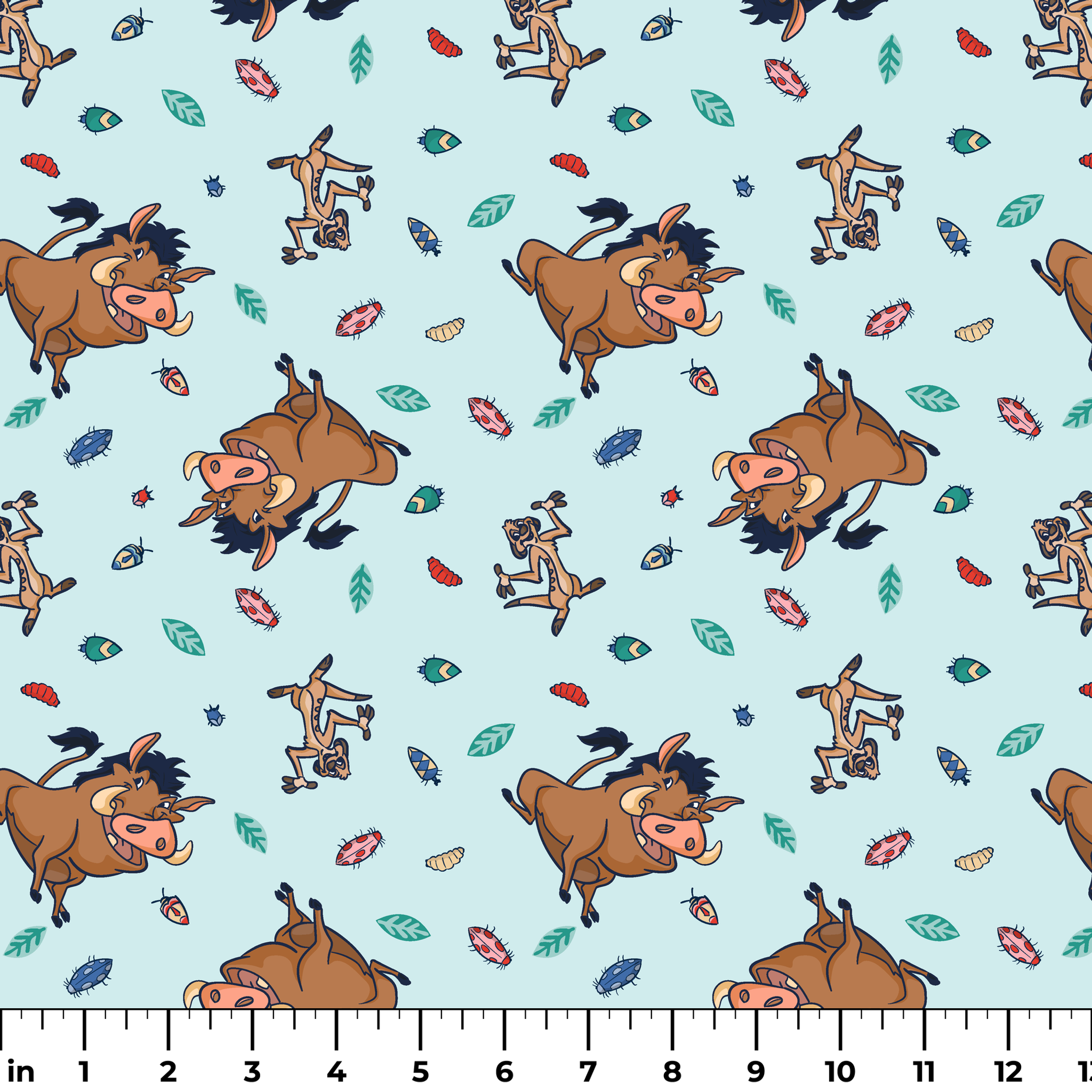 Lion King characters and colorful leaves scattered on light blue background in playful pattern ruler