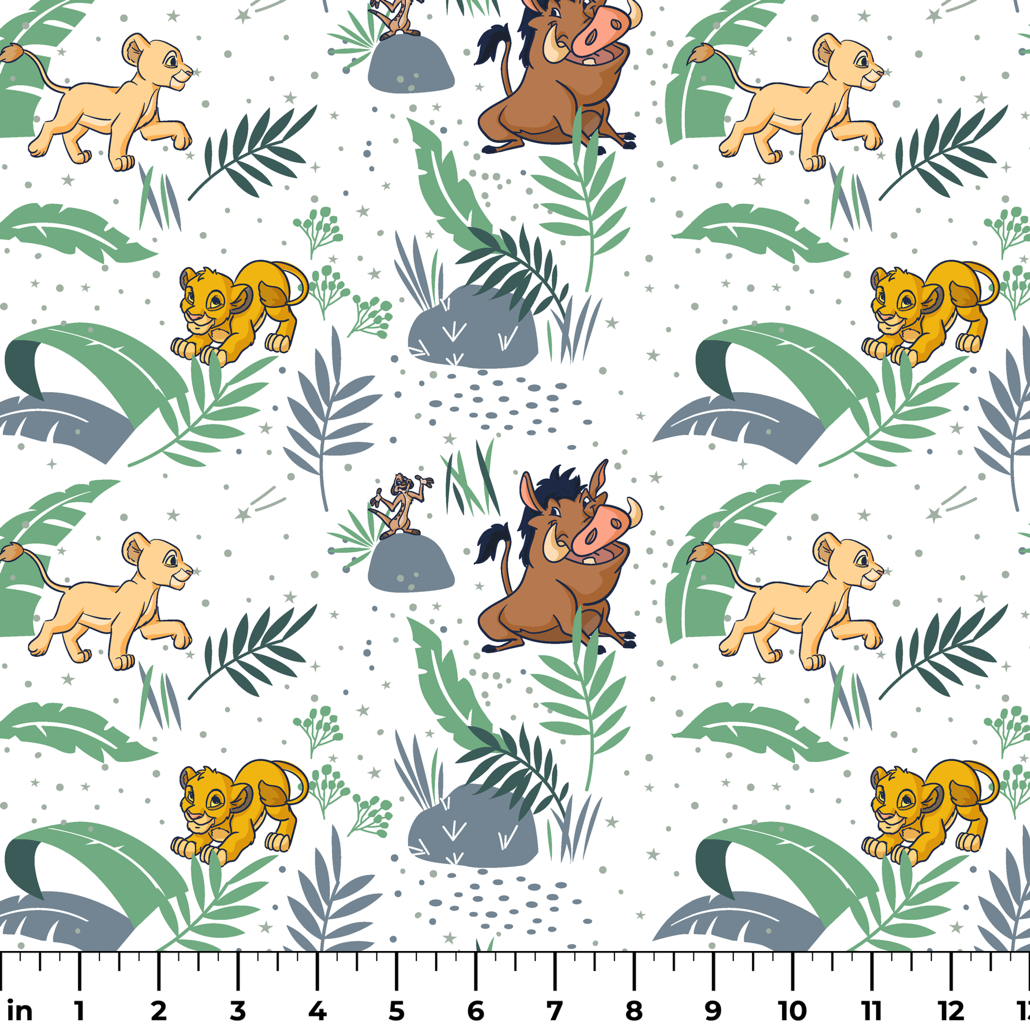 Cartoon lion cubs playing among tropical leaves and plants in green and blue tones on white background ruler