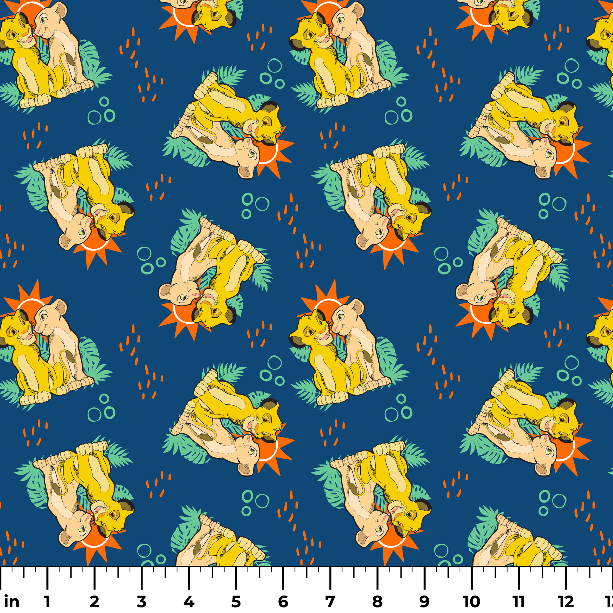 Yellow cartoon lions and pale yellow animals on teal background with tropical leaves, orange sun shapes and bubbles. ruler