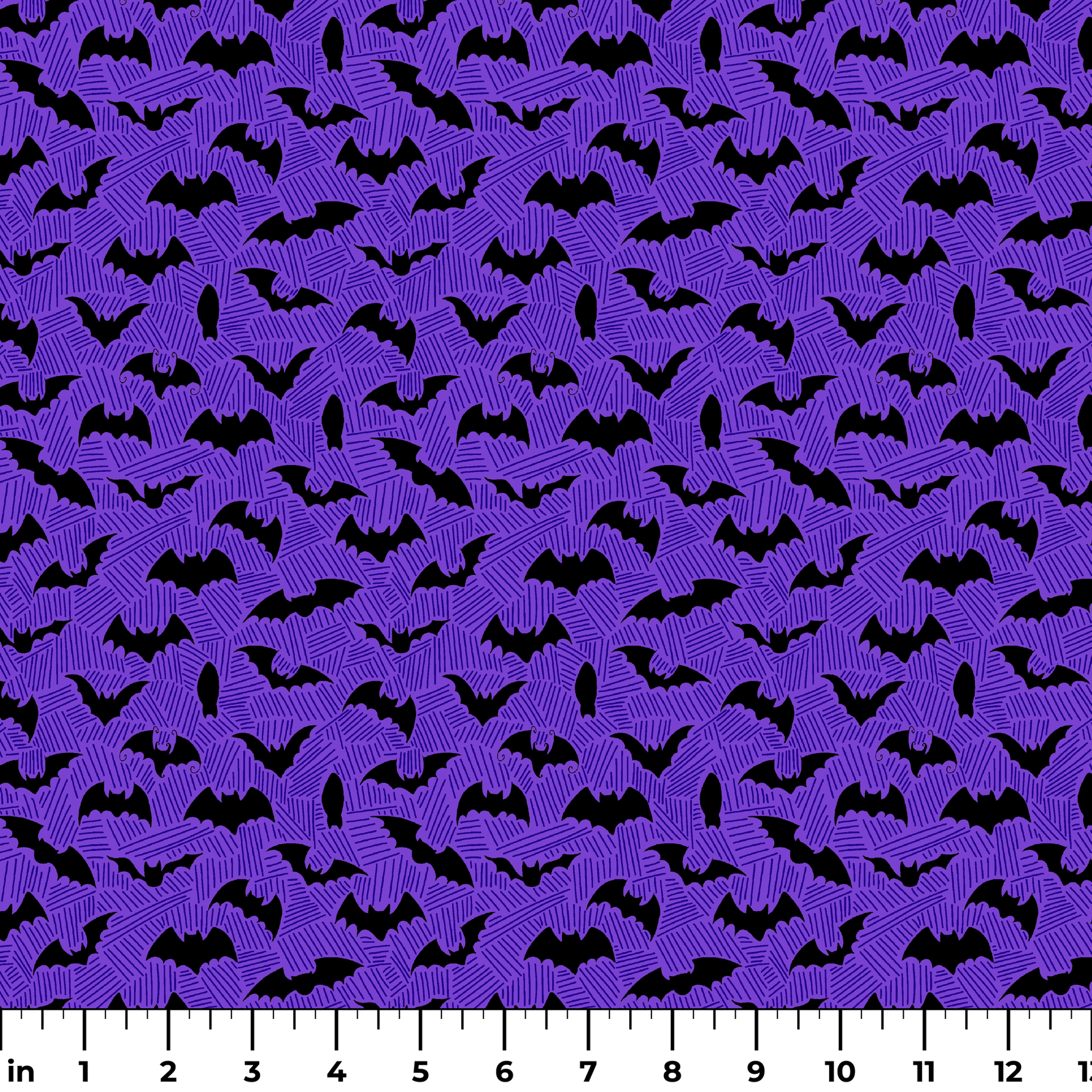 Black bat silhouettes scattered over purple zigzag background, Halloween-themed pattern ruler