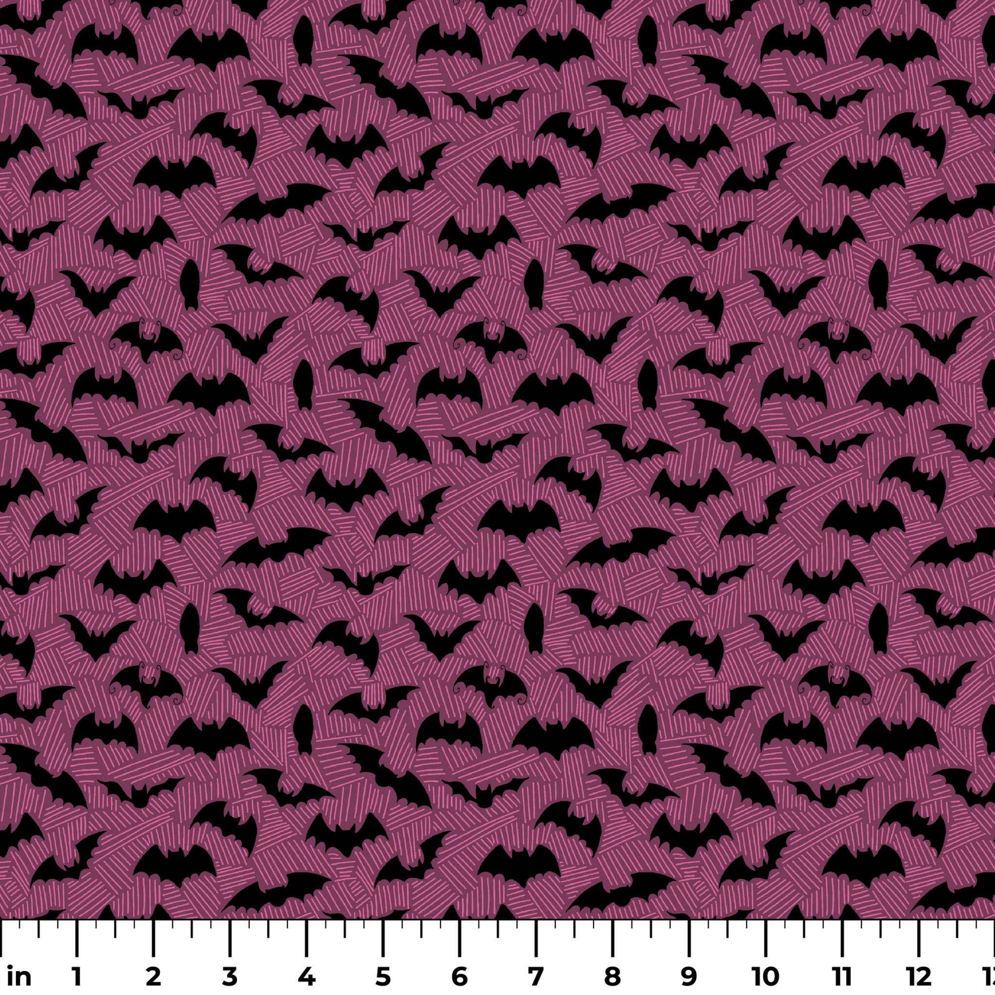 Black bat silhouettes scattered across a purple background with swirling line pattern ruler