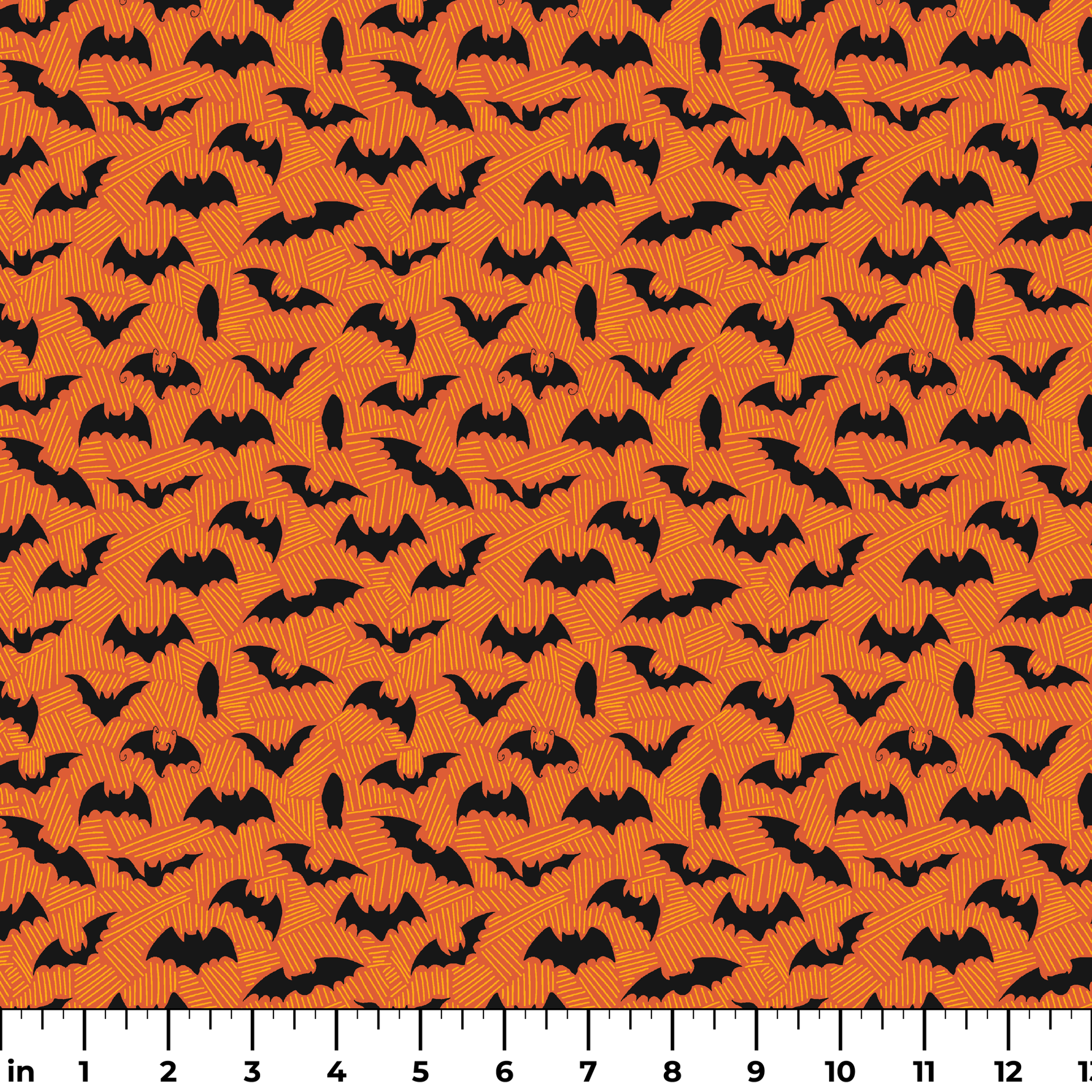 Halloween pattern with black bats scattered across an orange textured background ruler