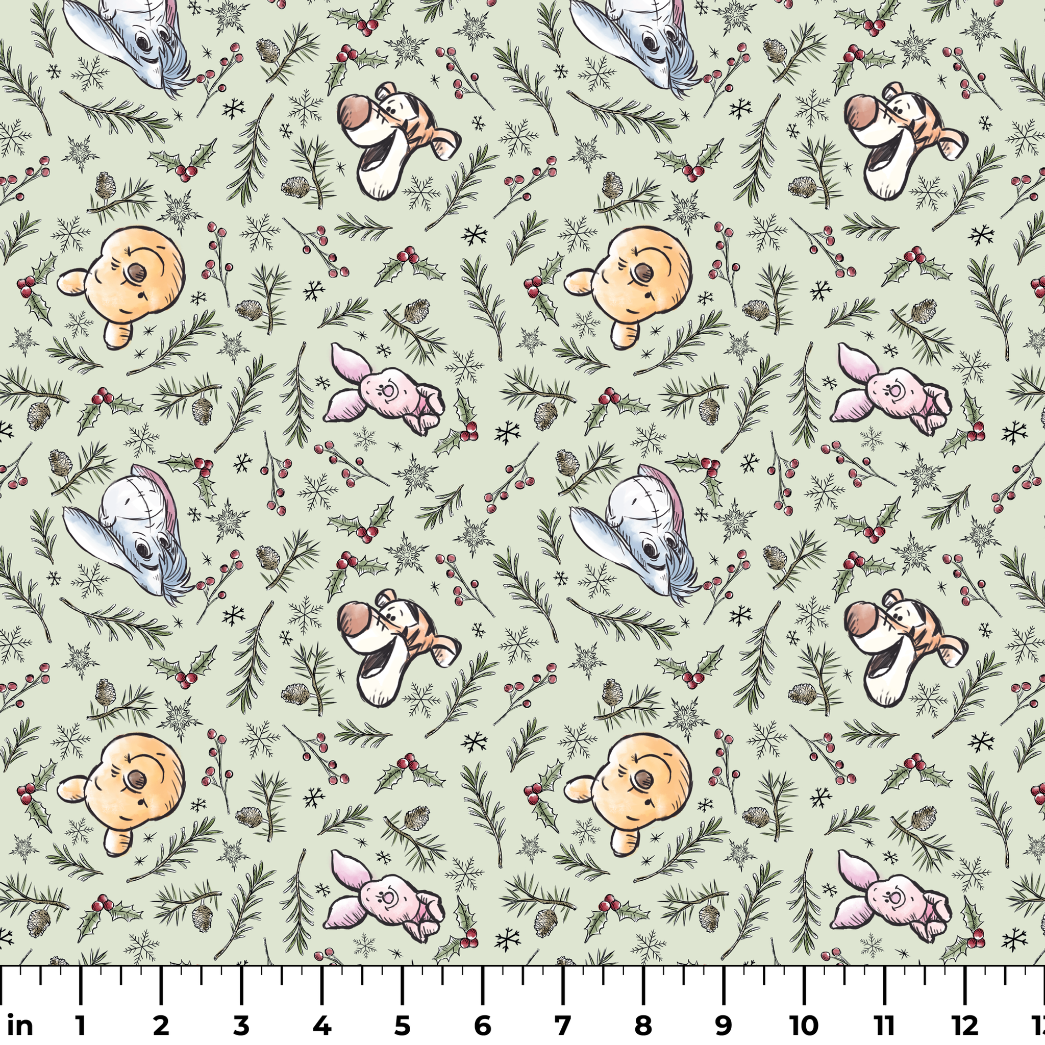 Whimsical holiday pattern with cartoon animals, pine branches, berries, and snowflakes on mint green ruler