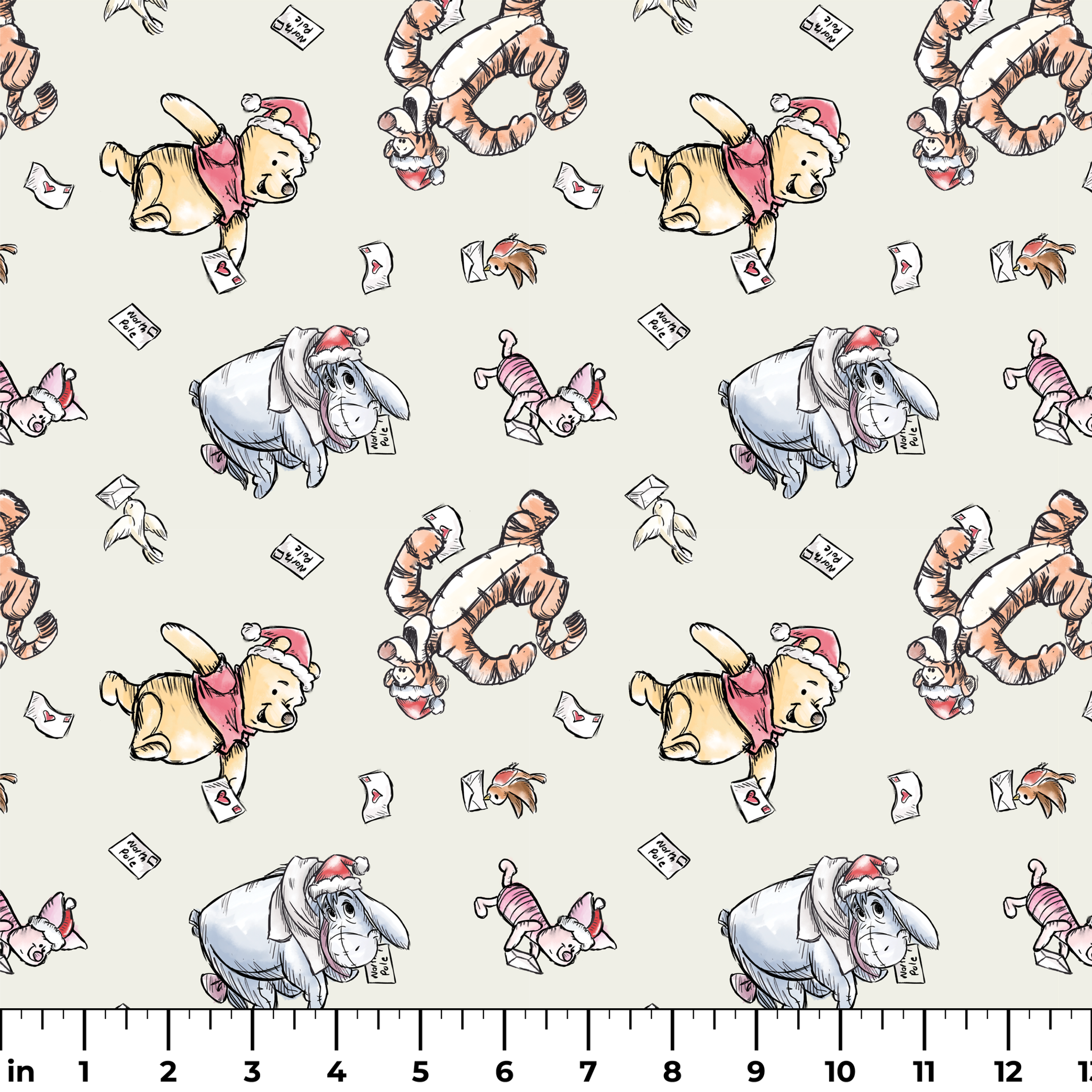 Whimsical cartoon characters in Santa hats on cream background with scattered letters ruler