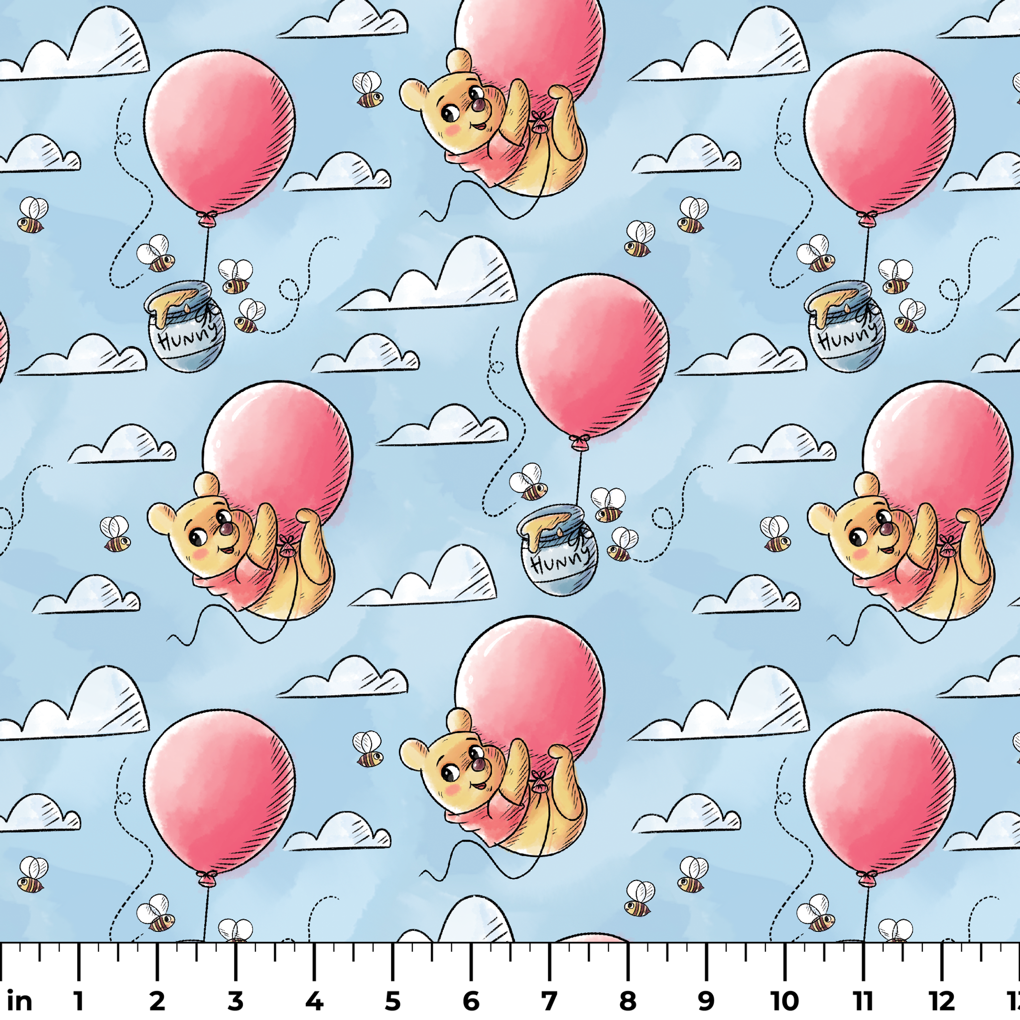 Cute yellow bear characters floating with pink balloons and honey pots against a blue sky with cl... ruler