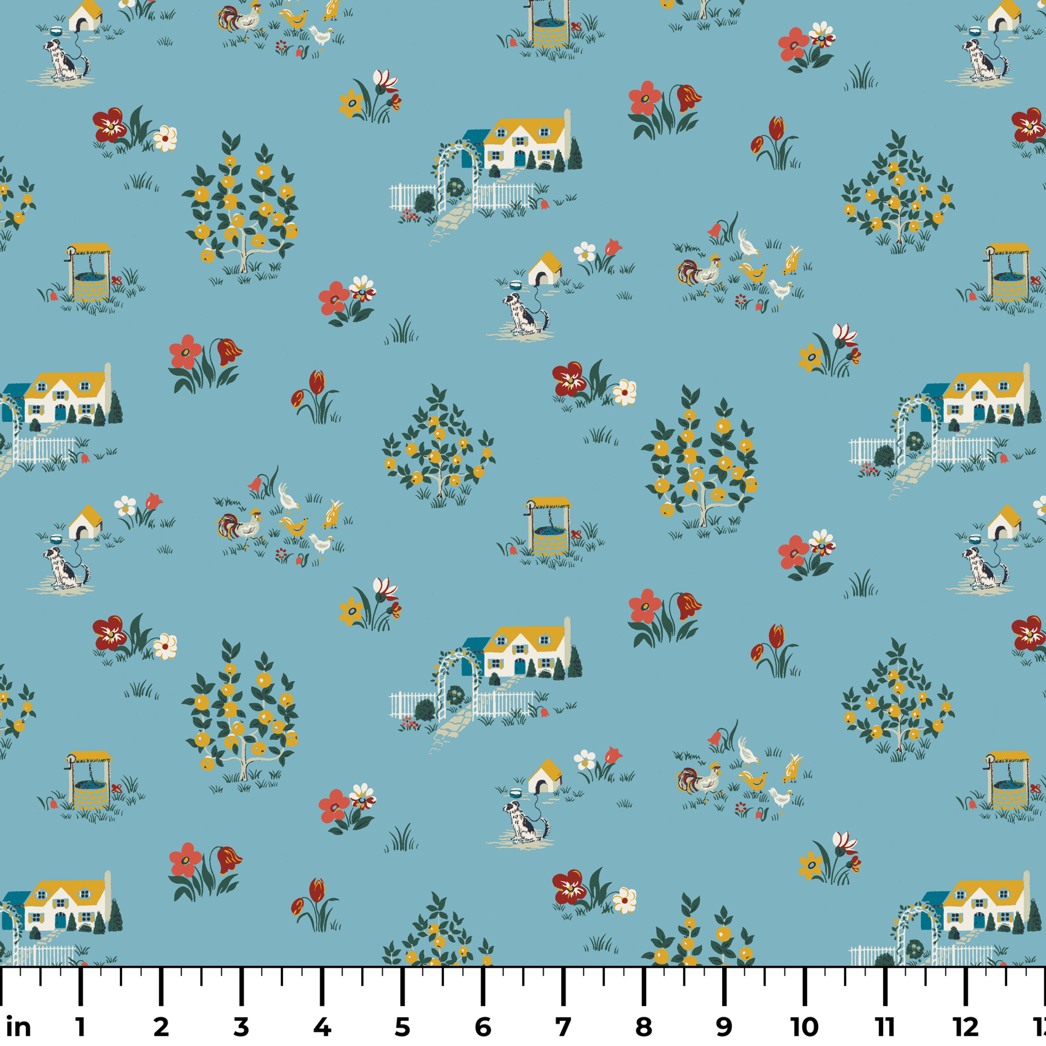 Blue-gray background with repeating folk art pattern of small cottages, white geese, floral clusters, and colorful tulips in yellow and red. ruler