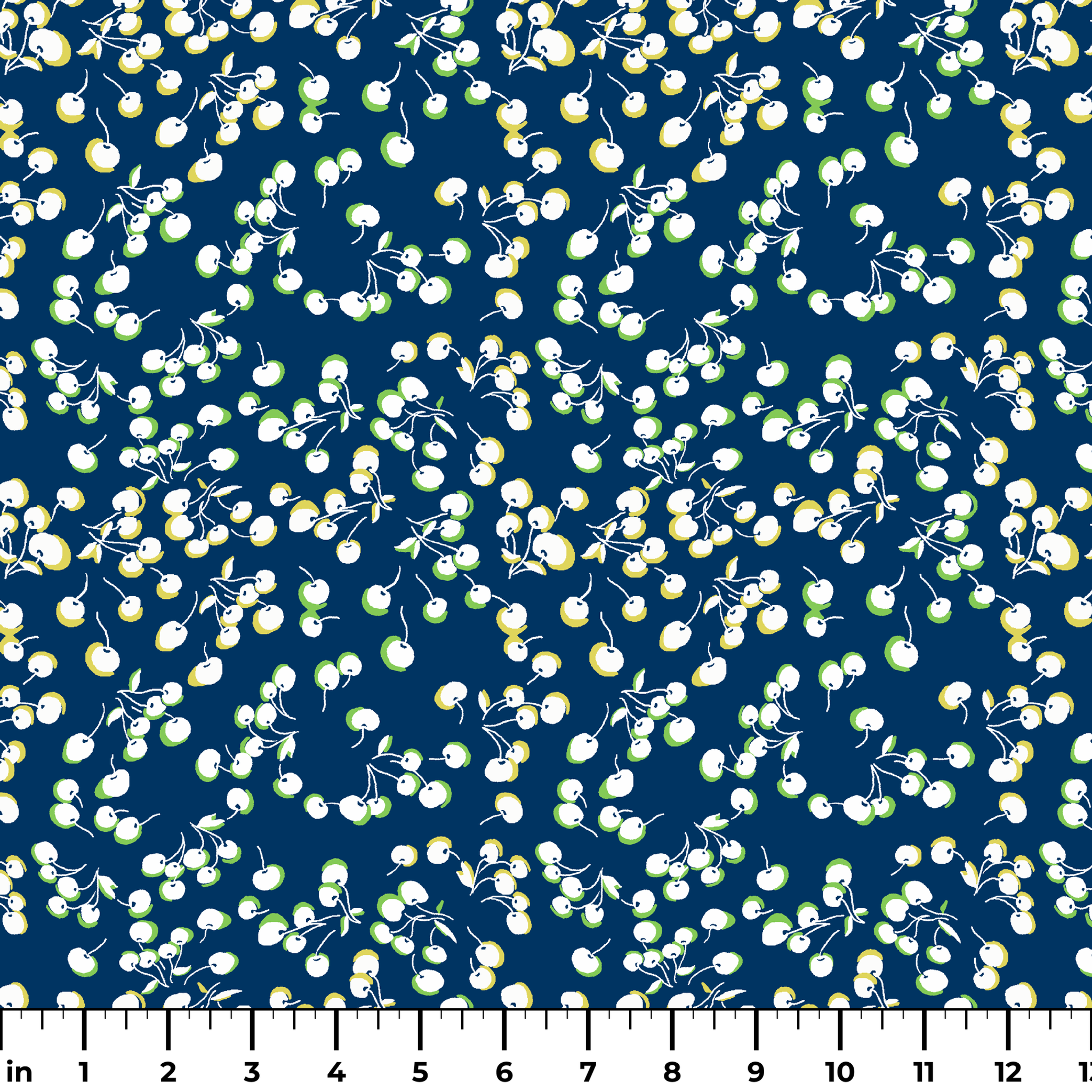 Delicate white and yellow floral pattern scattered across a deep navy blue background ruler