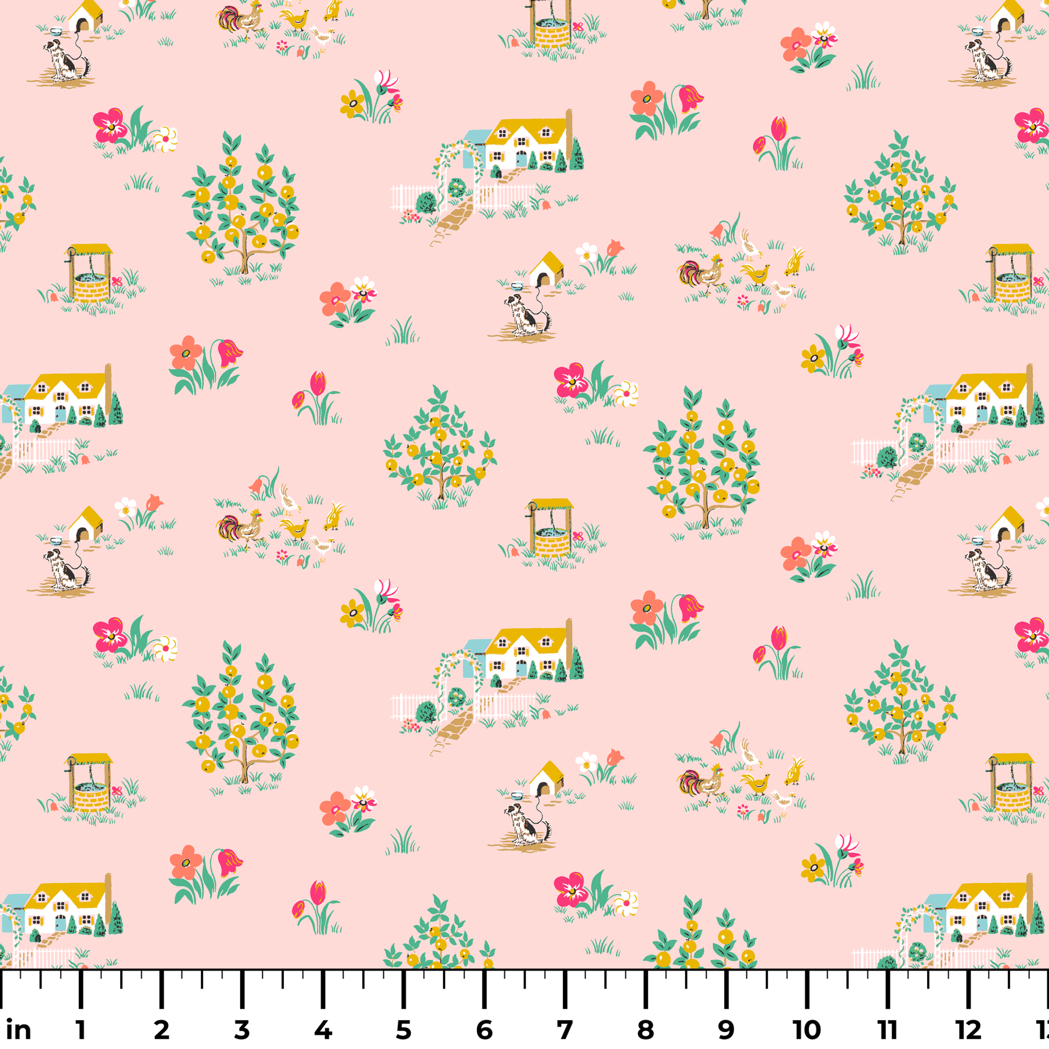 Whimsical pink pattern with cottages, flower bouquets, and garden scenes in yellow and coral ruler