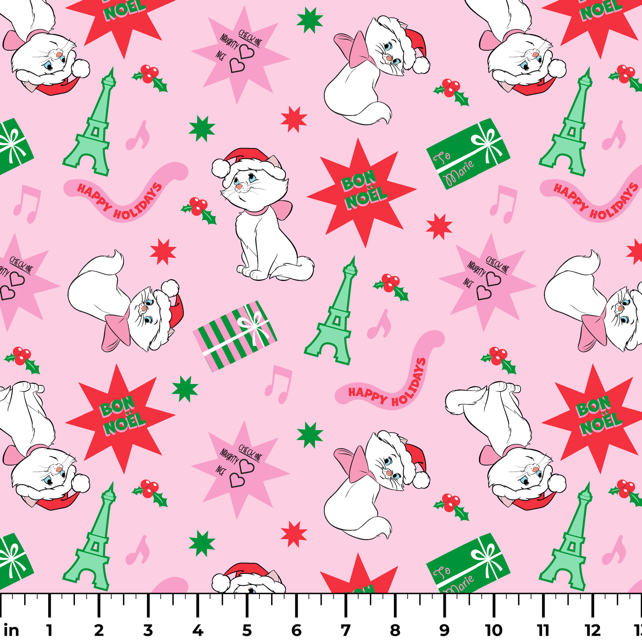 Holiday pattern with Marie from The Aristocats in Santa hats, Eiffel Towers, "Noel" text, and festive stars on pink background ruler
