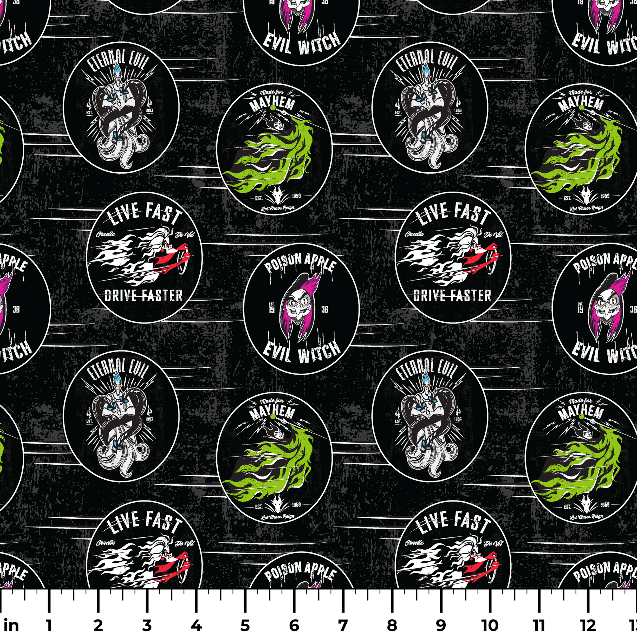 Punk-style Disney Villain circular badges including "Eternal Evil," "Live Fast Drive Faster," and green "Mayhem" designs on black background ruler