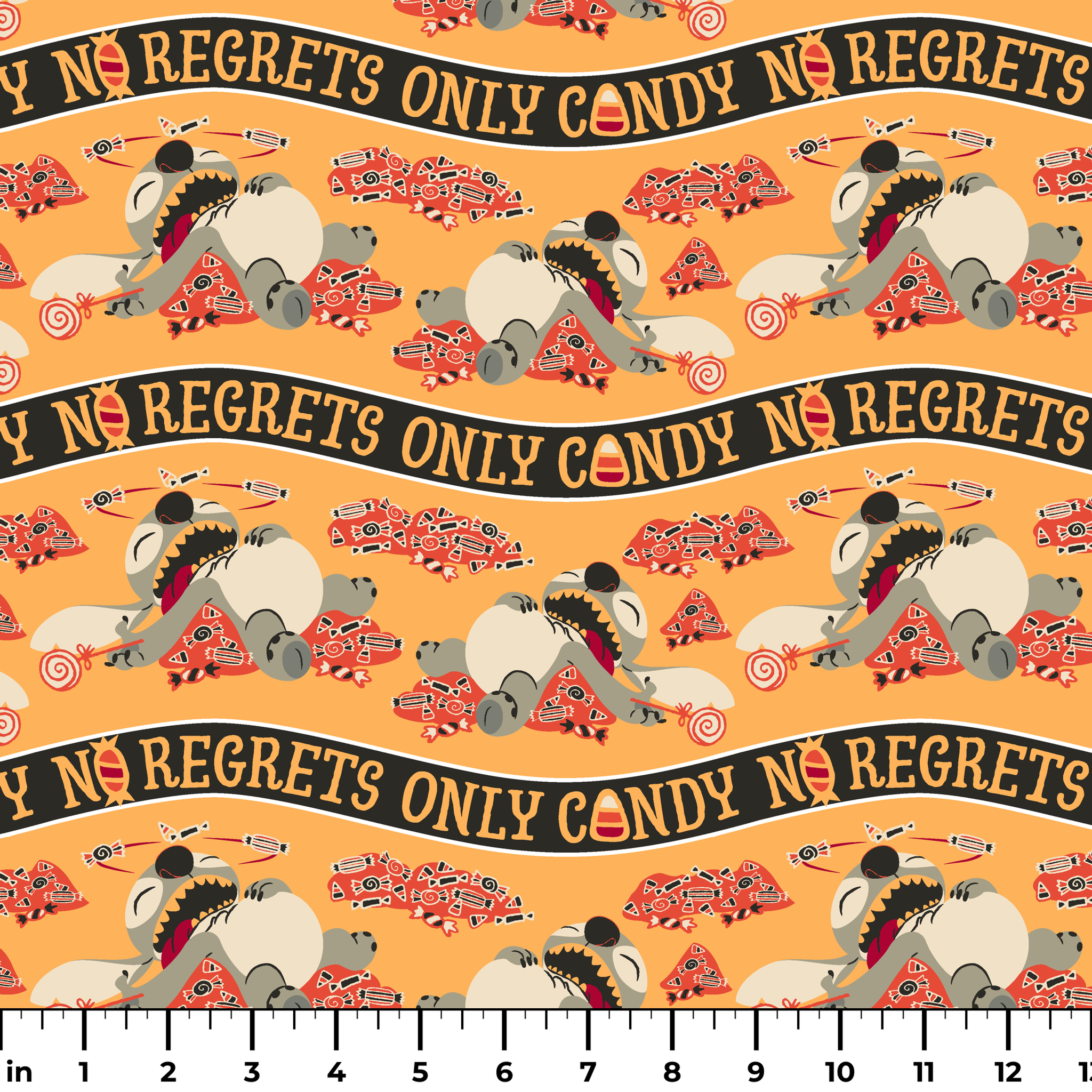 Repeating pattern with "NO REGRETS ONLY CANDY" text, featuring Disney's Stitch and candy corn on orange background. ruler