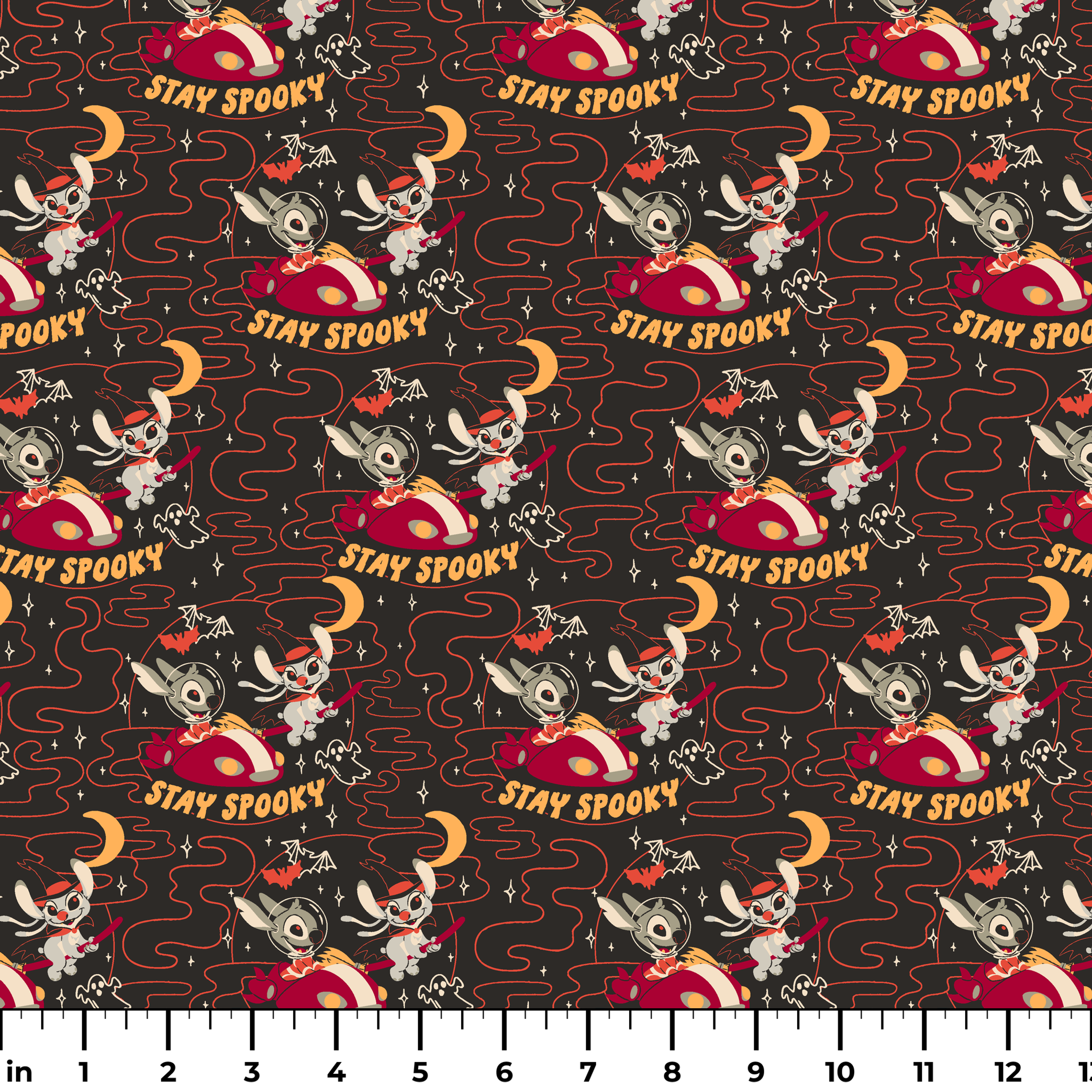 Repeating Halloween pattern with Stitch, "STAY SPOOKY" text, crescent moons, and swirling red lines on dark background. ruler