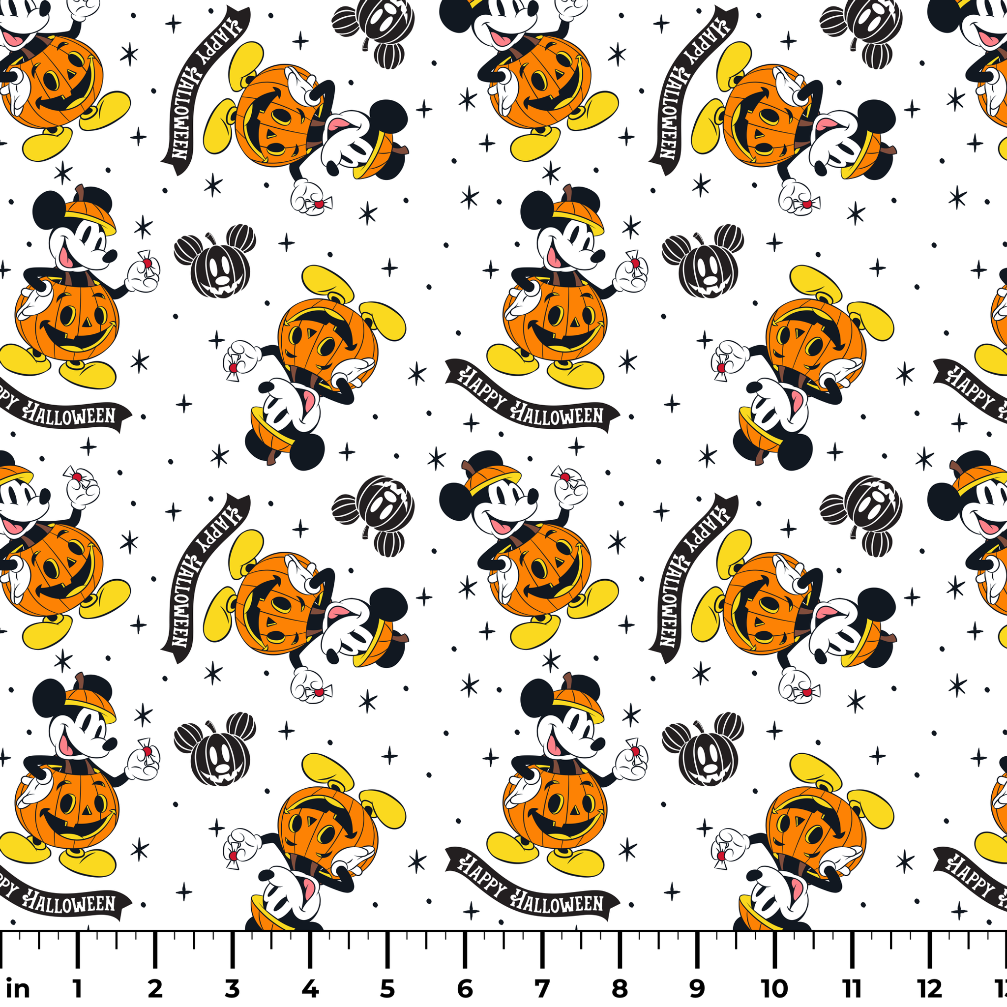 Mickey Mouse Halloween pattern dressed as pumpkins on white background with stars and "Happy Halloween" text ruler