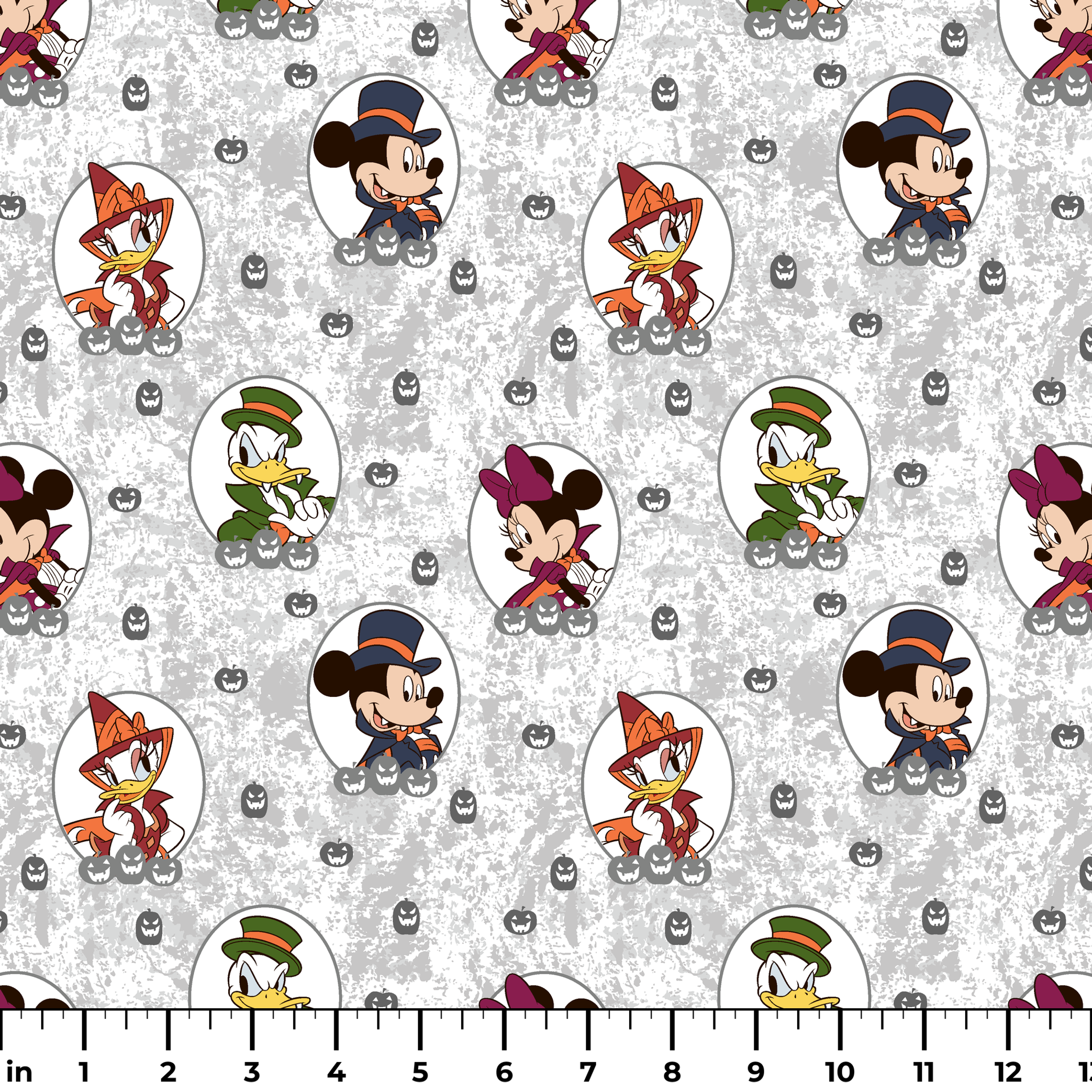 Disney Halloween pattern with Mickey in top hat, Donald in green hat, and Daisy in witch hat on gray background with pumpkins. ruler