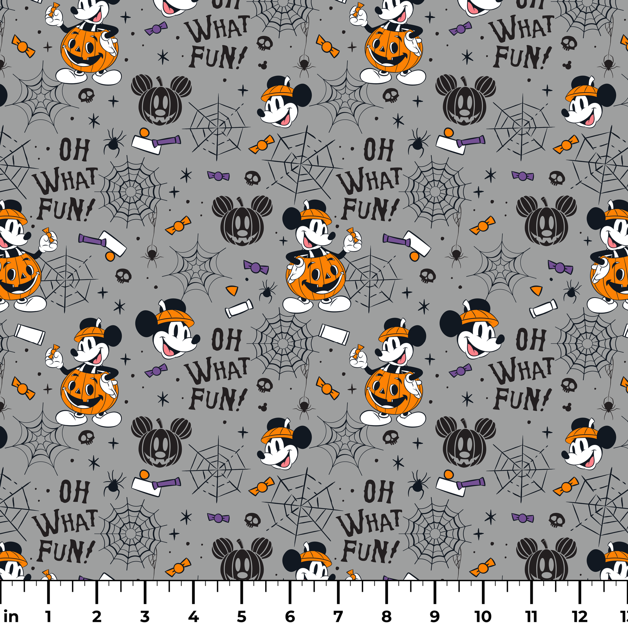 Halloween pattern with Mickey Mouse characters, pumpkins, spider webs, and "Oh What Fun!" text on gray background ruler