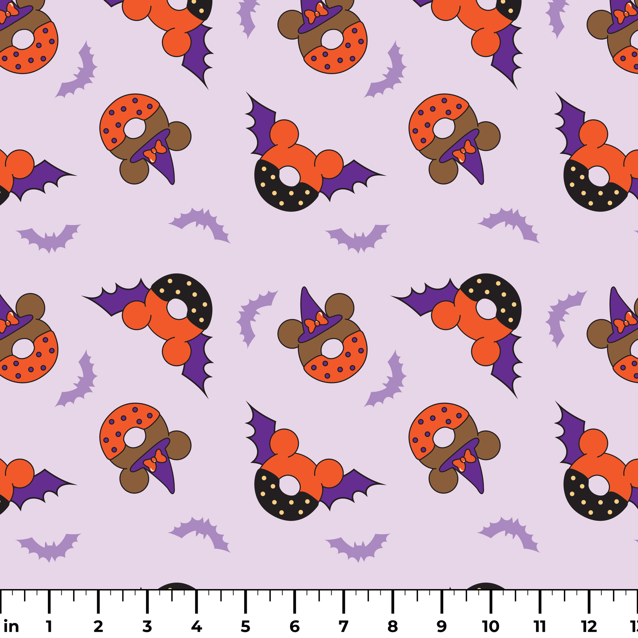 Disney Halloween-themed pattern with orange and black donuts, purple bat wings, and light purple bats on lavender background ruler