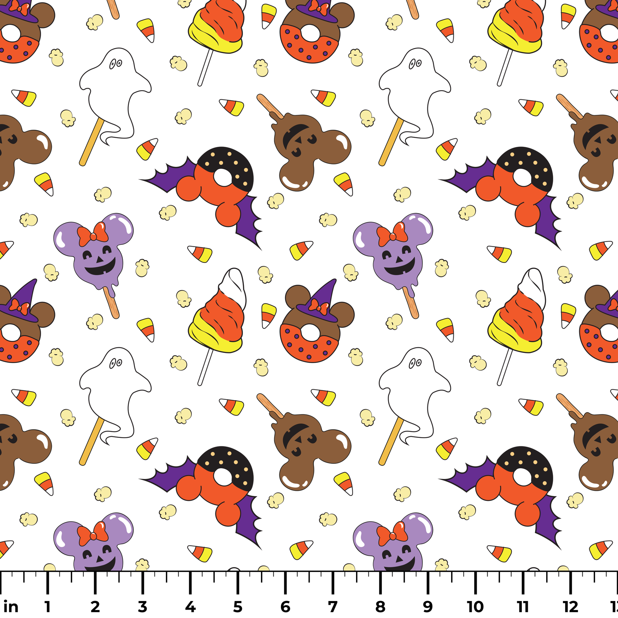 Disney Halloween themed pattern with candy lollipops, ghost, bats, and candy corn ruler