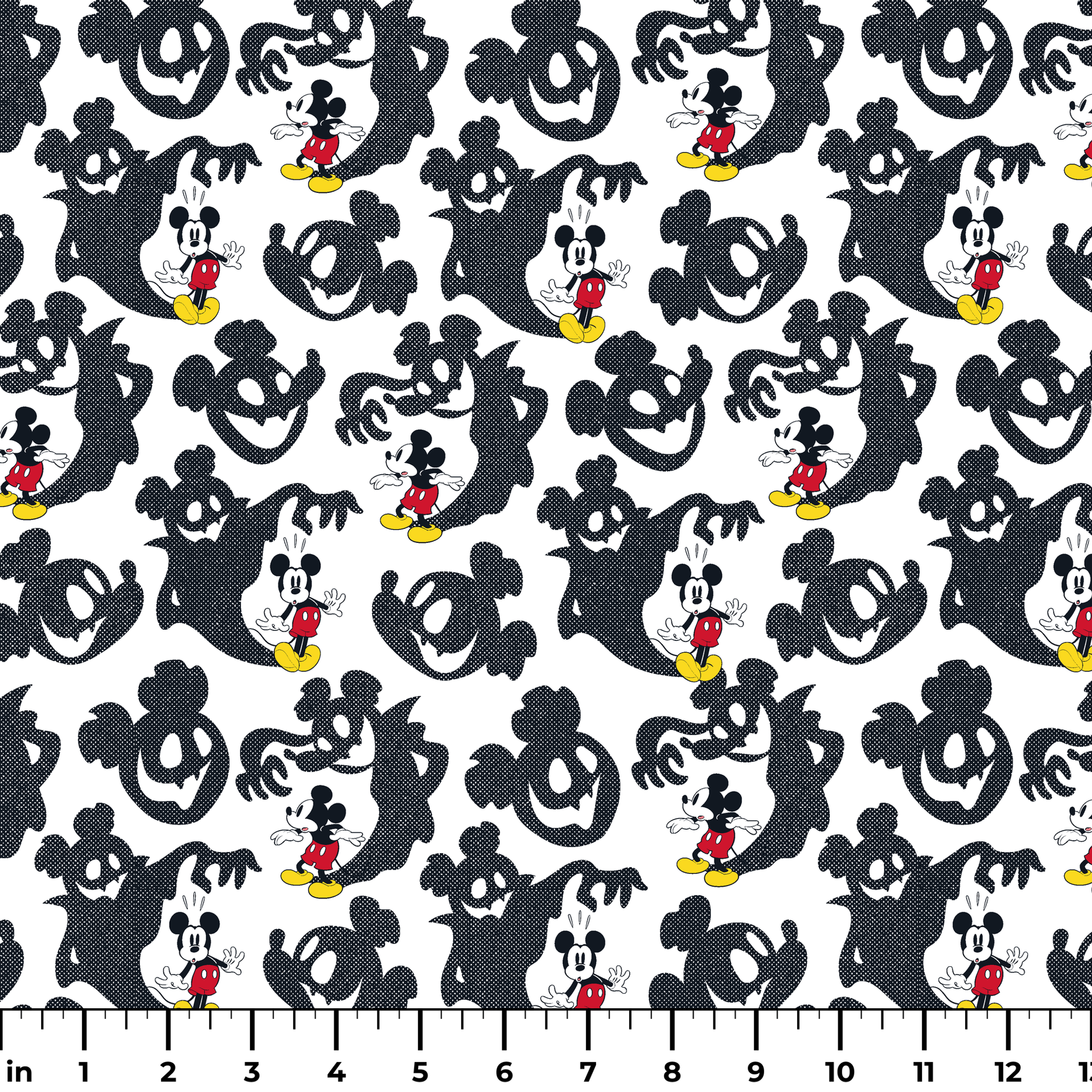 Mickey Mouse pattern with black ghost silhouettes on white background ruler