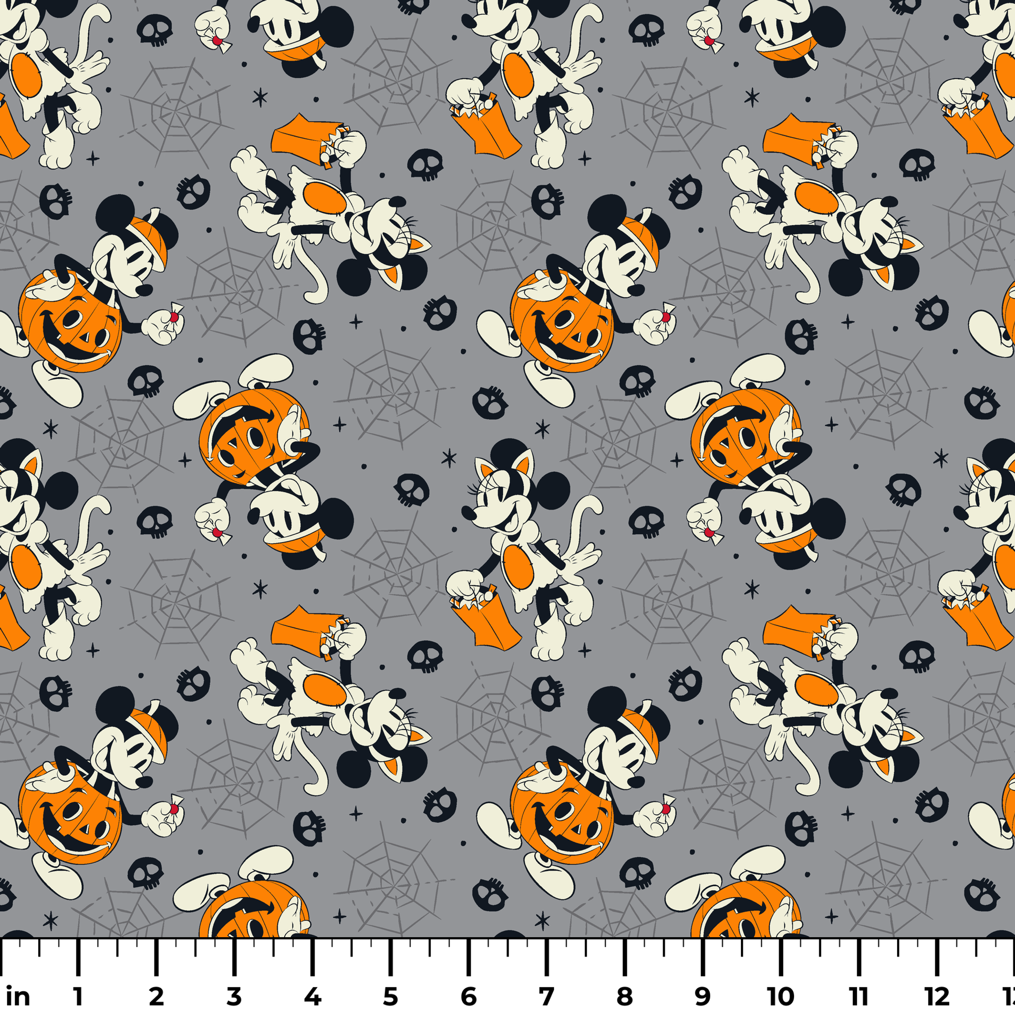 Cartoon dog characters in Halloween costumes with pumpkins on gray background with spider webs and skulls ruler