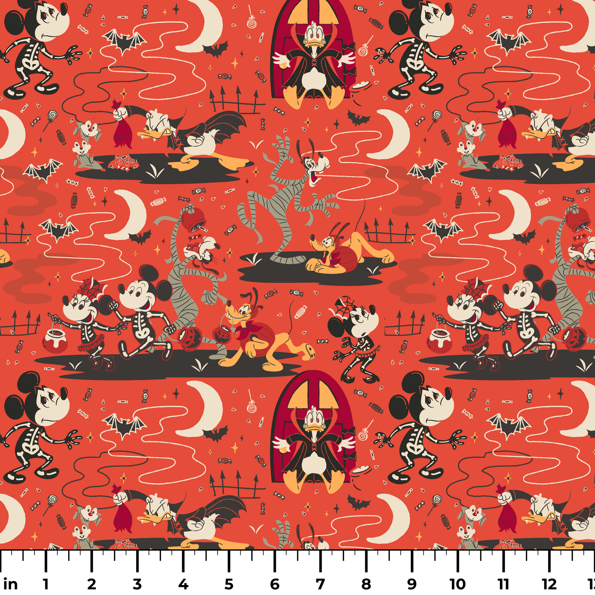 Halloween-themed Disney pattern with Mickey, Minnie, Donald in skeleton costumes on orange background with bats and moons ruler