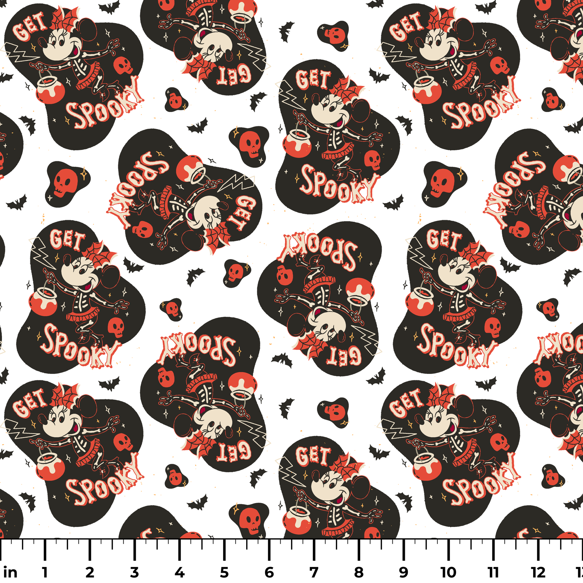 Halloween pattern with Minnie Mouse shapes, "Get Spooky" text, skulls, bats, and hearts on white background ruler