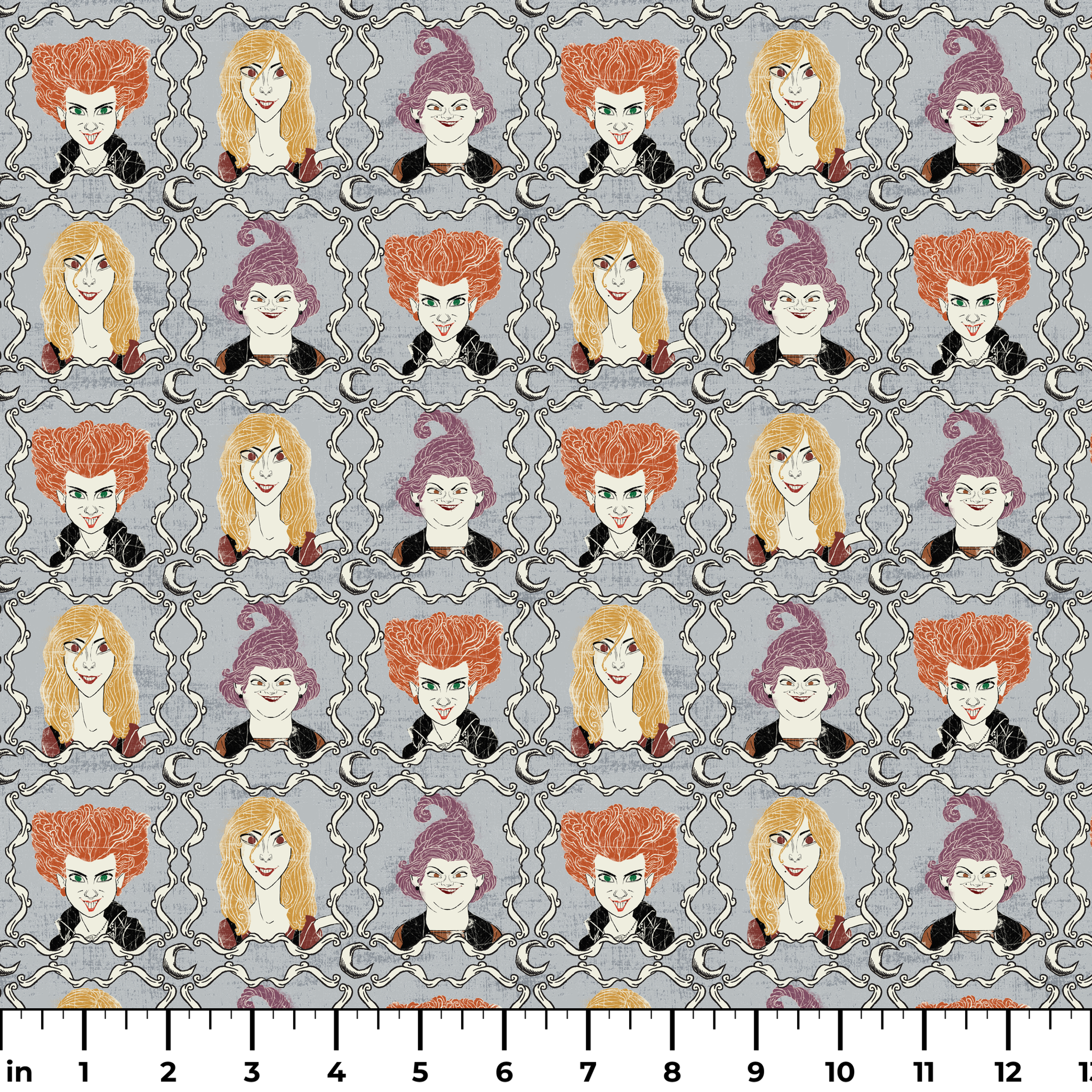 Illustrated portraits of fantasy characters with wild orange, blonde, and purple hair on gray patterned background ruler