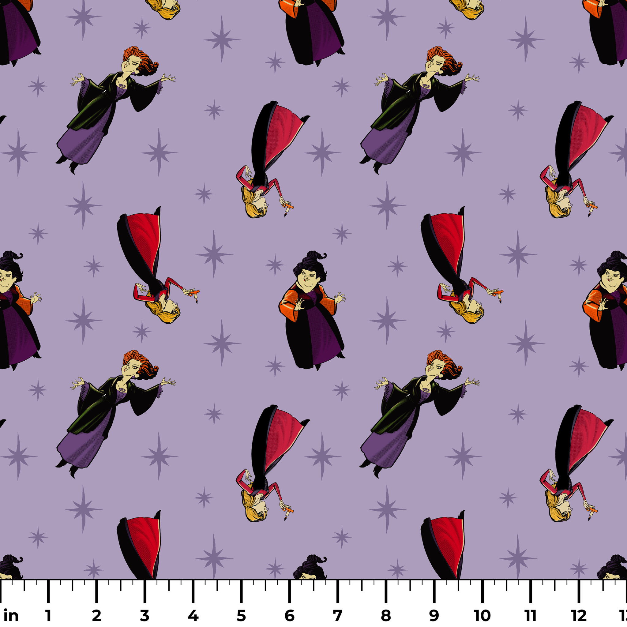 Purple background with cartoon characters in flowing capes and dresses with stars pattern, repeating decorative design ruler