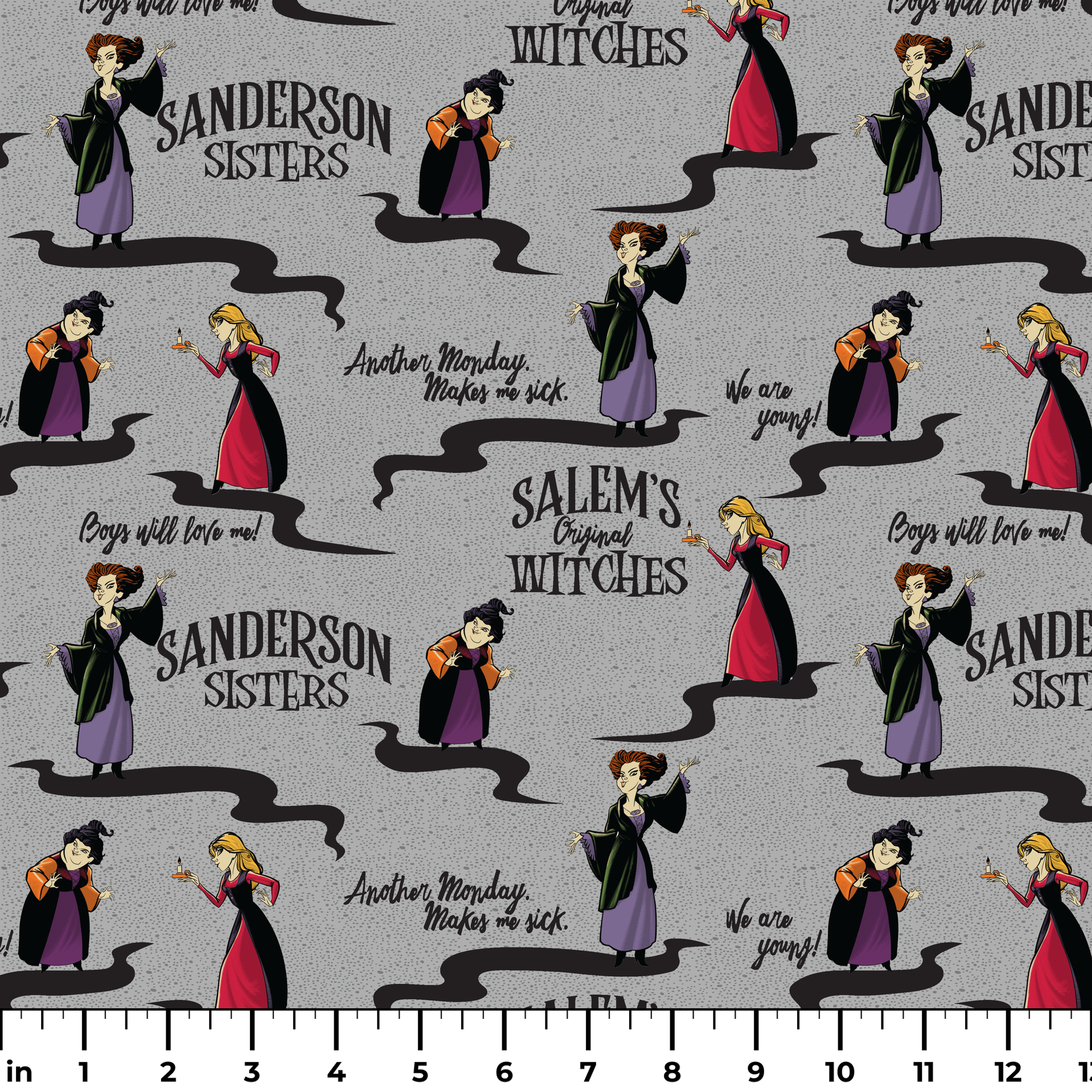 Sanderson Sisters pattern from Hocus Pocus with cartoon witches in purple and red dresses on gray background ruler