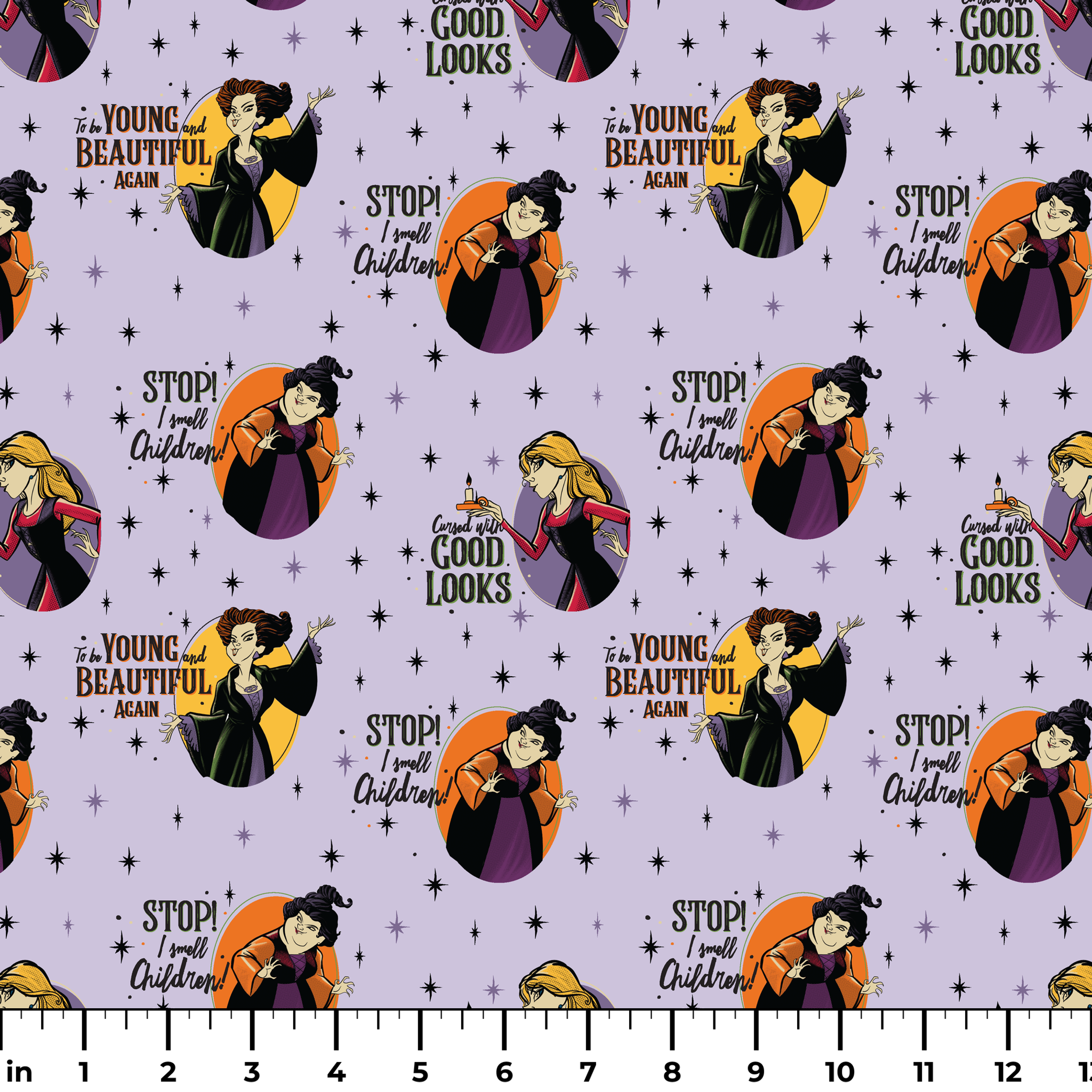 Disney villains pattern with circular portraits on purple starry background featuring animated characters and quote catchphrases ruler