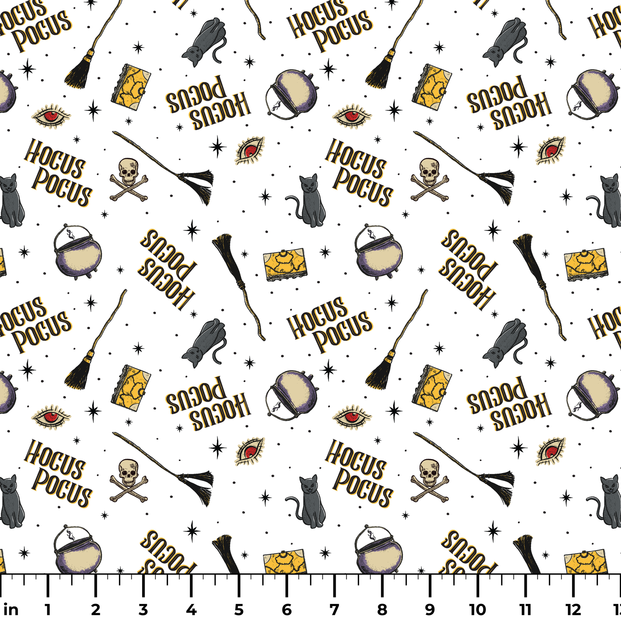 Repeating pattern of witchcraft items with "Hocus Pocus" text, cauldrons, brooms, and mystical symbols on white background ruler