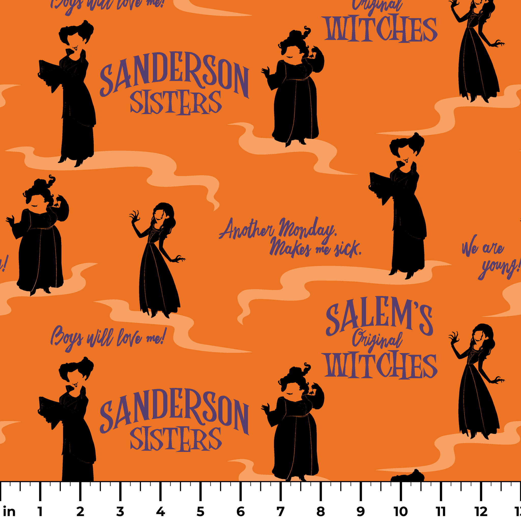 Orange background with silhouettes of witches in black robes and text "Sanderson Sisters" and "Salem's" in blue lettering ruler