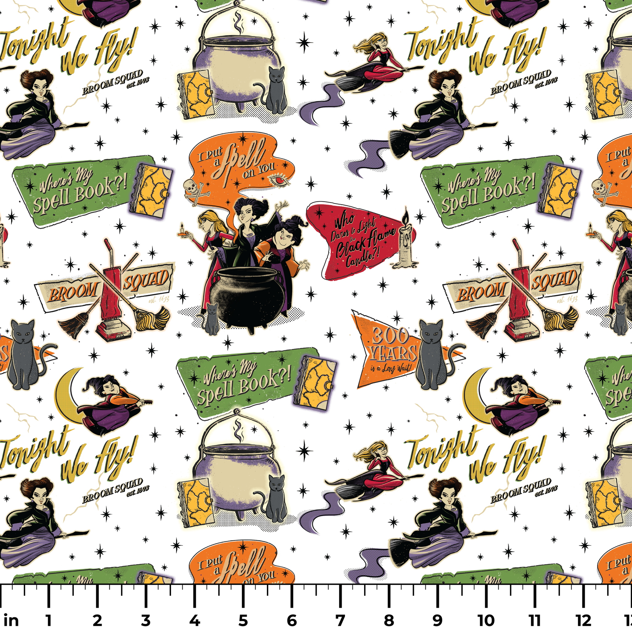 Halloween witch-themed pattern with spell books, cauldrons, brooms, stars, cats, potions and magical sayings on white background ruler