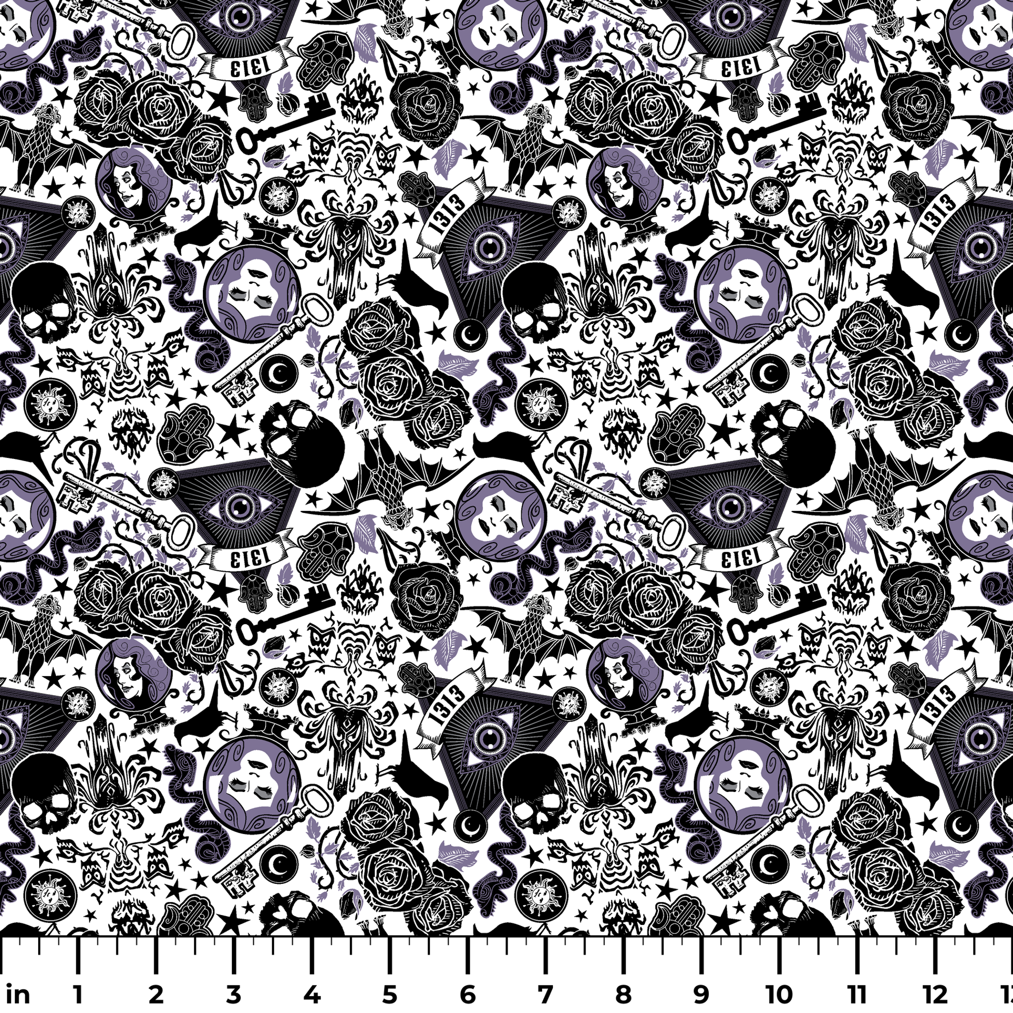 Gothic-inspired pattern with roses, medallions, ravens, and Victorian motifs in black and purple ruler